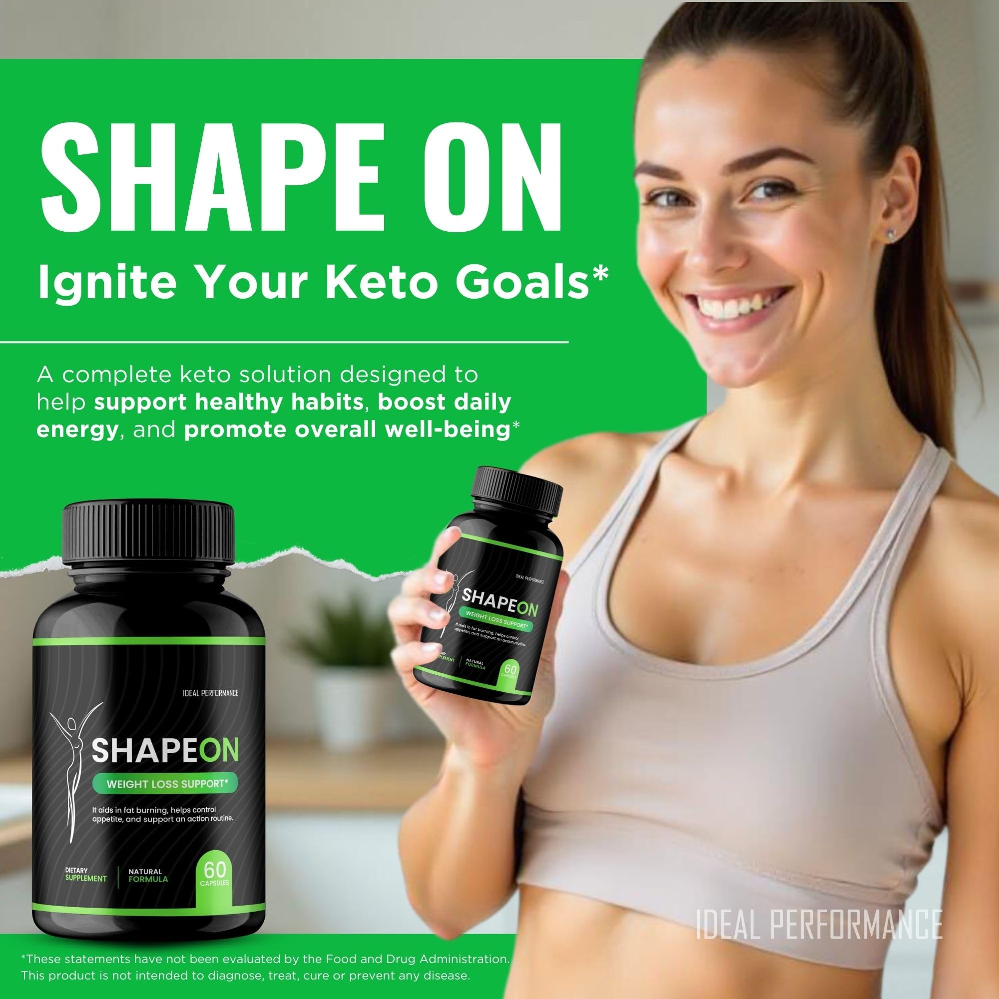 IDEAL PERFORMANCE ShapeOn Capsules displayed on a wooden table