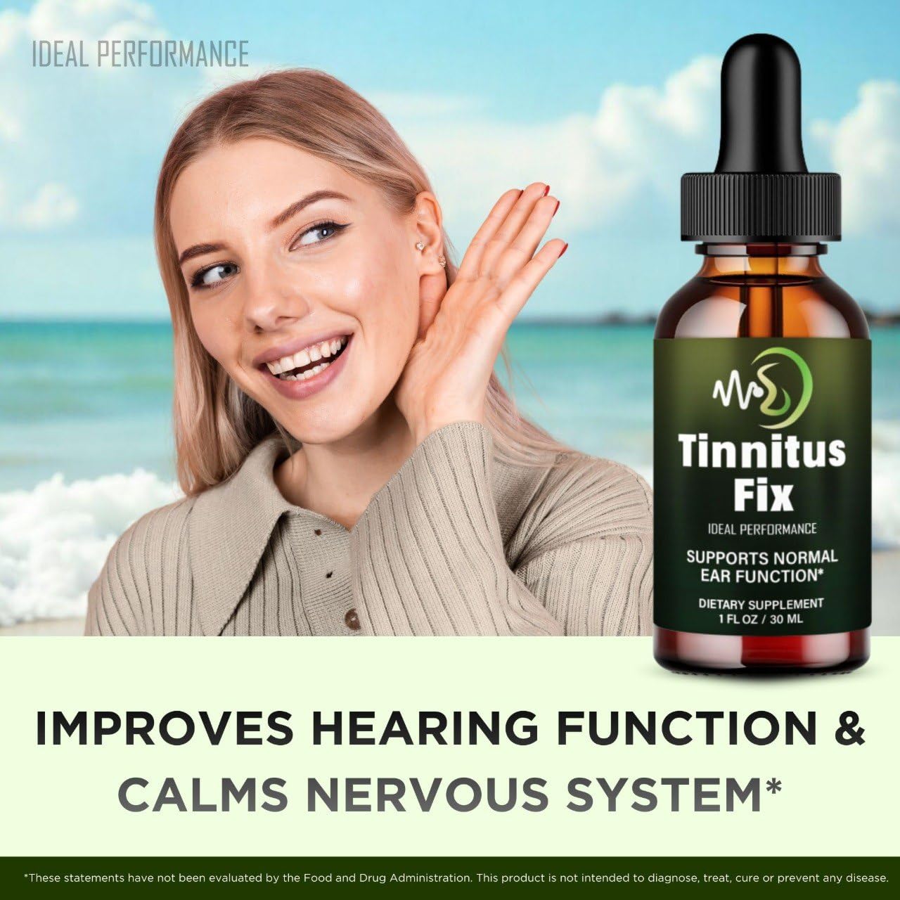 IDEAL PERFORMANCE Tinnitus Fix Drops on a table with water glass