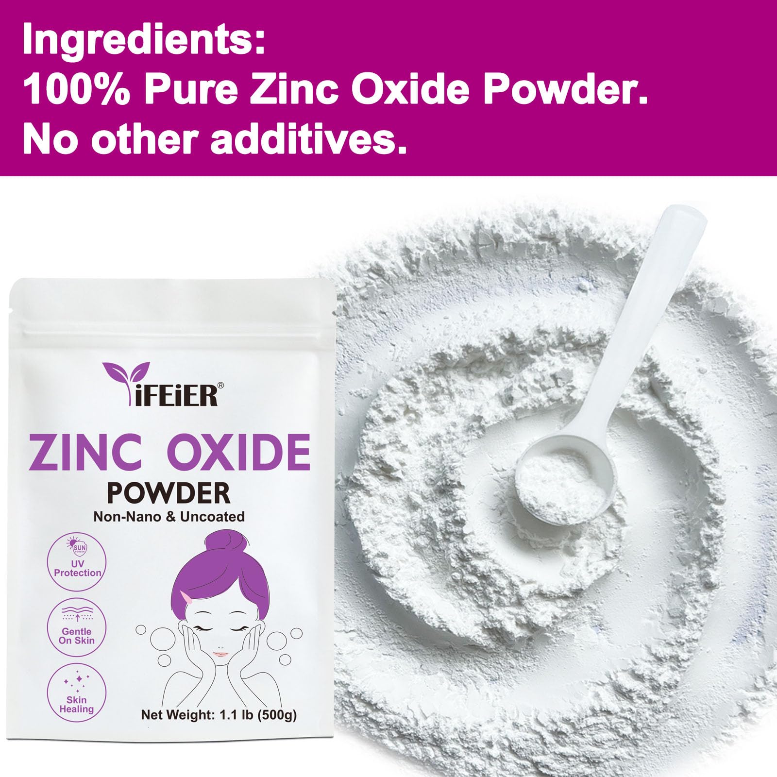 iFEiER Zinc Oxide Powder 499g back view with ingredient details