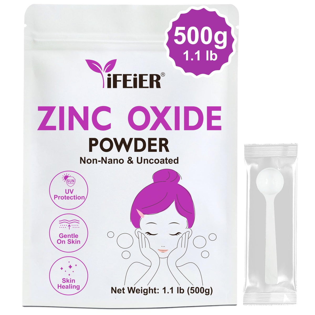 iFEiER Zinc Oxide Powder 499g front view in resealable pouch