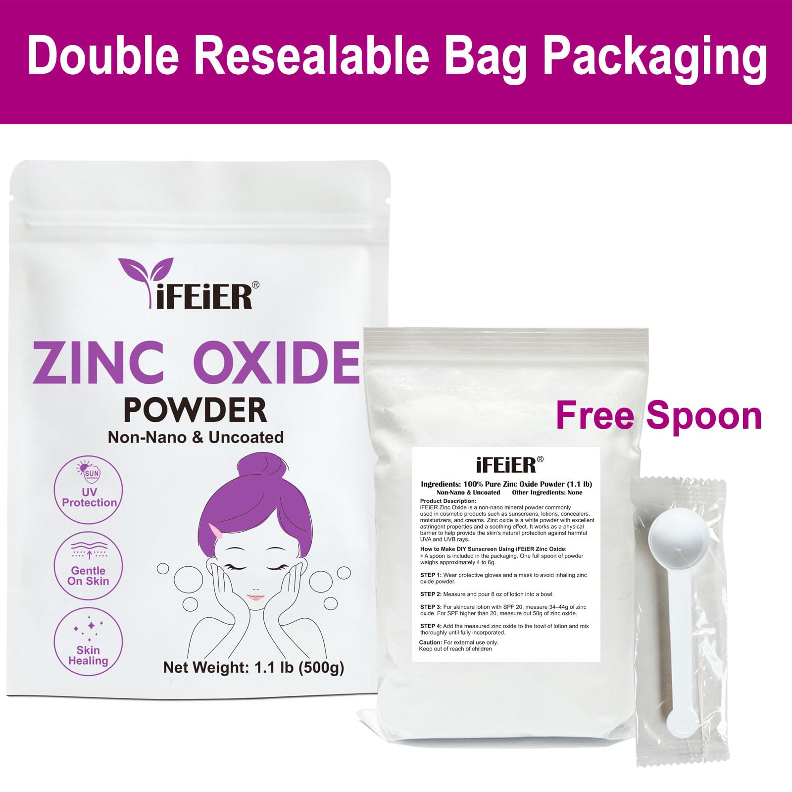 iFEiER Zinc Oxide Powder 499g resealable pouch opened