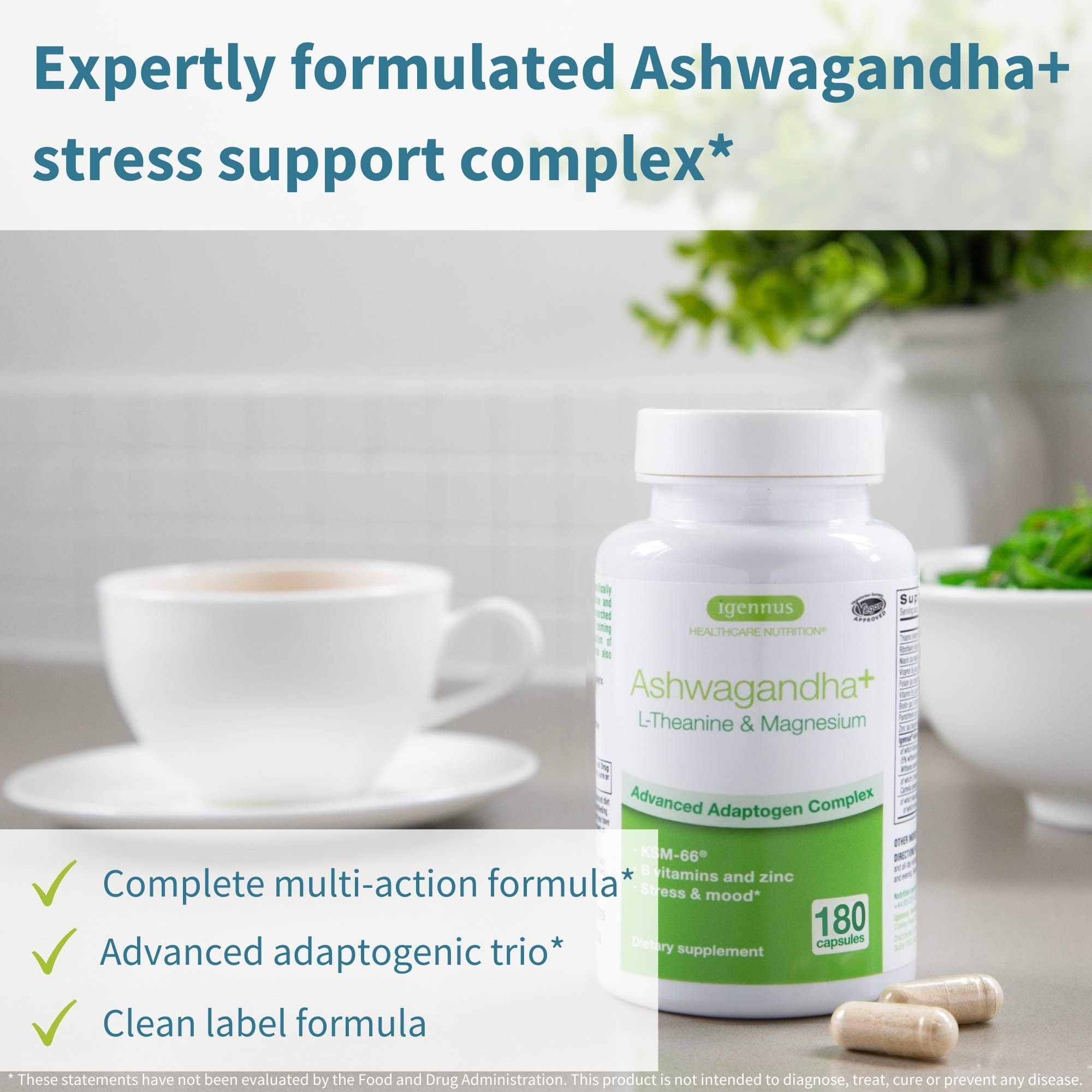 Igennus Ashwagandha KSM-66 capsules side view with packaging