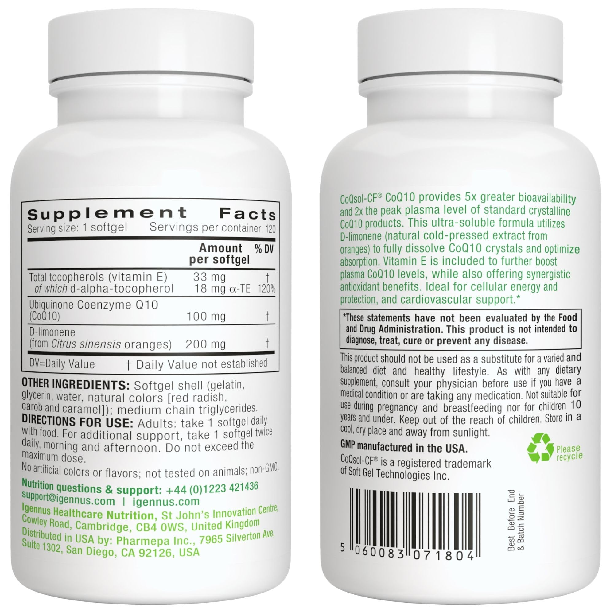 Igennus CoQsol-CF CoQ10 softgels with orange slices