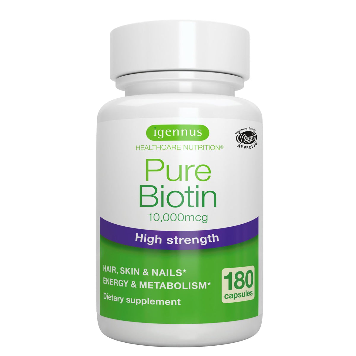 Igennus Healthcare Nutrition Biotin 10,000 mcg capsules front view