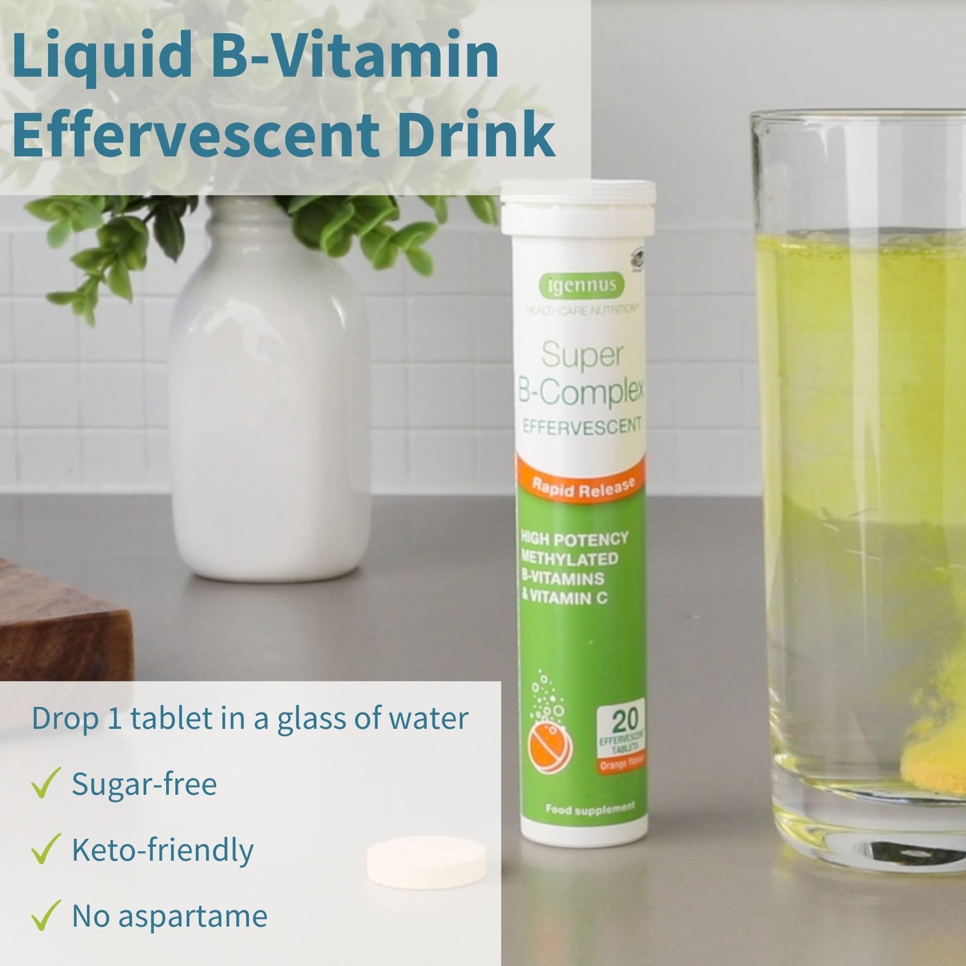Igennus Liquid B-Complex 572g effervescent tablet dissolving in water