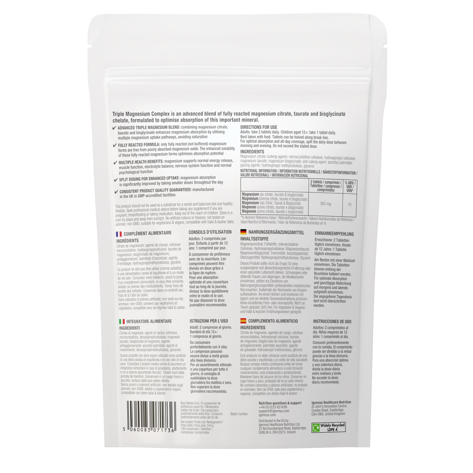 Igennus Magnesium Supplement 240g back view with dosage information