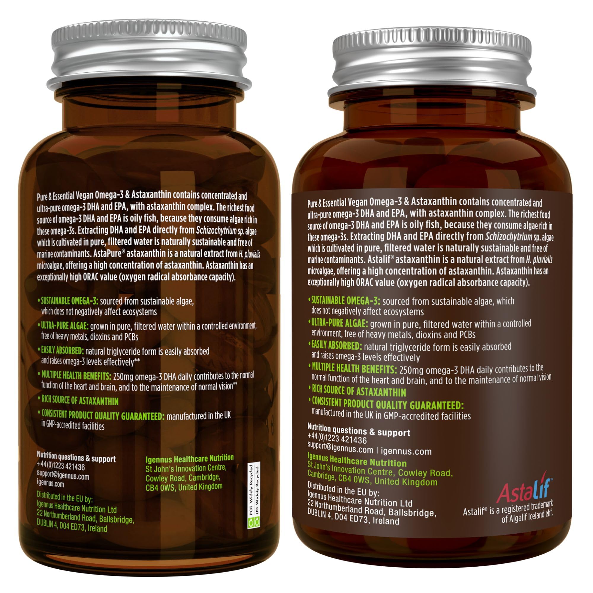 Igennus Omega-3 Algae Oil bottle with softgels scattered