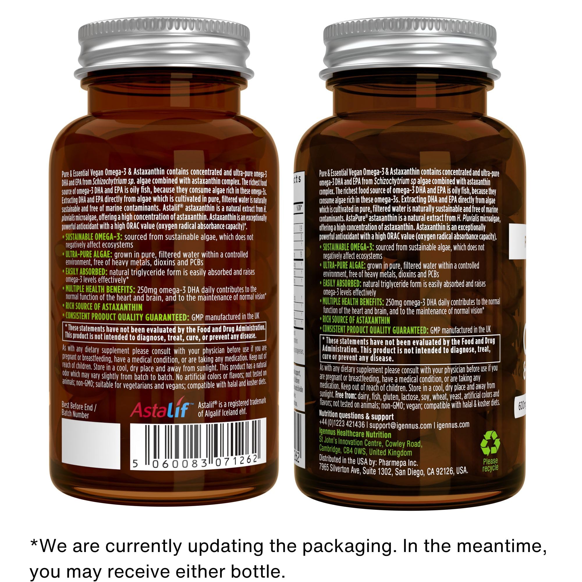 Igennus Omega-3 Algae Oil softgel bottle back view