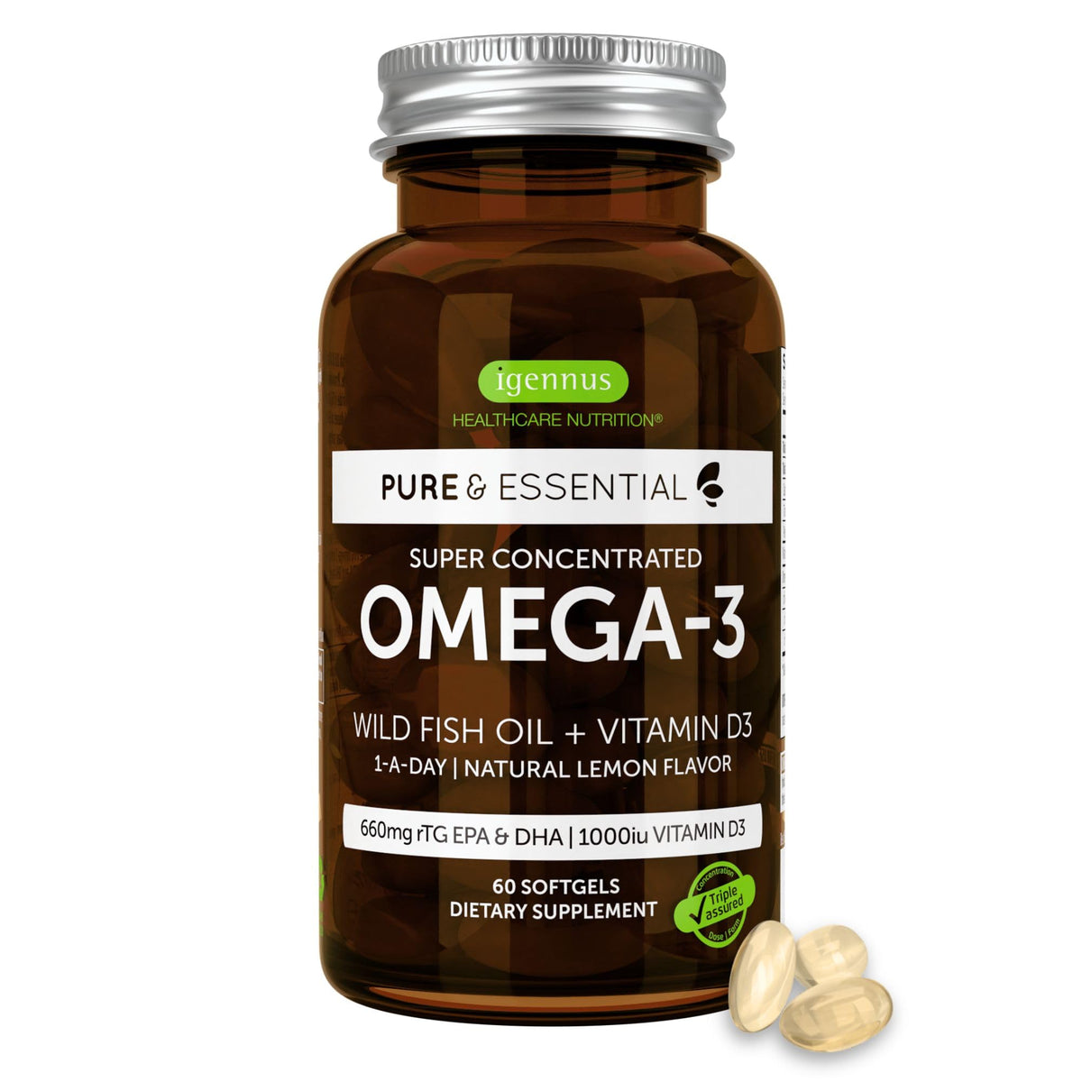 Igennus Omega-3 Softgels front view with packaging