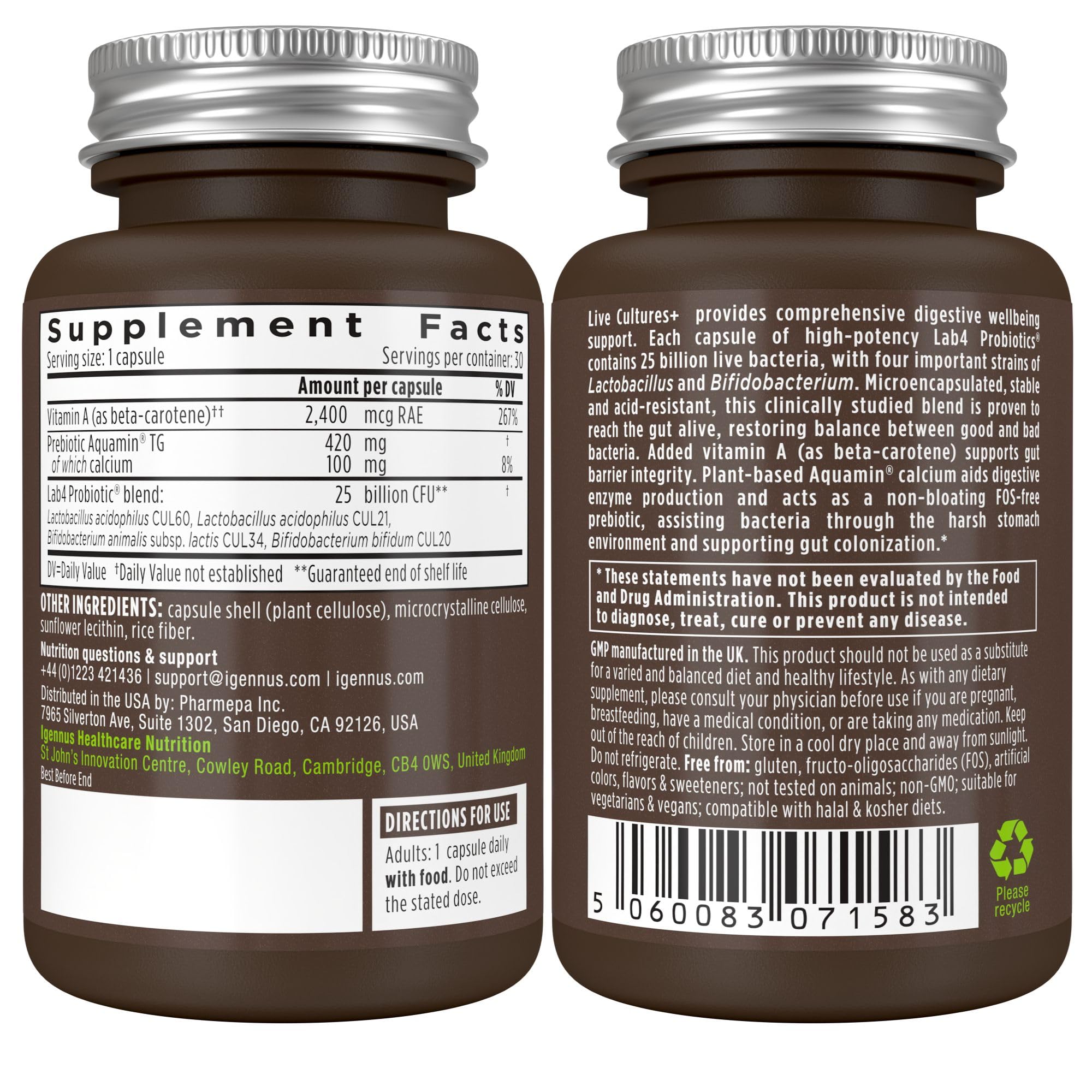 Igennus Probiotic Acidophilus Capsules back view with dosage information