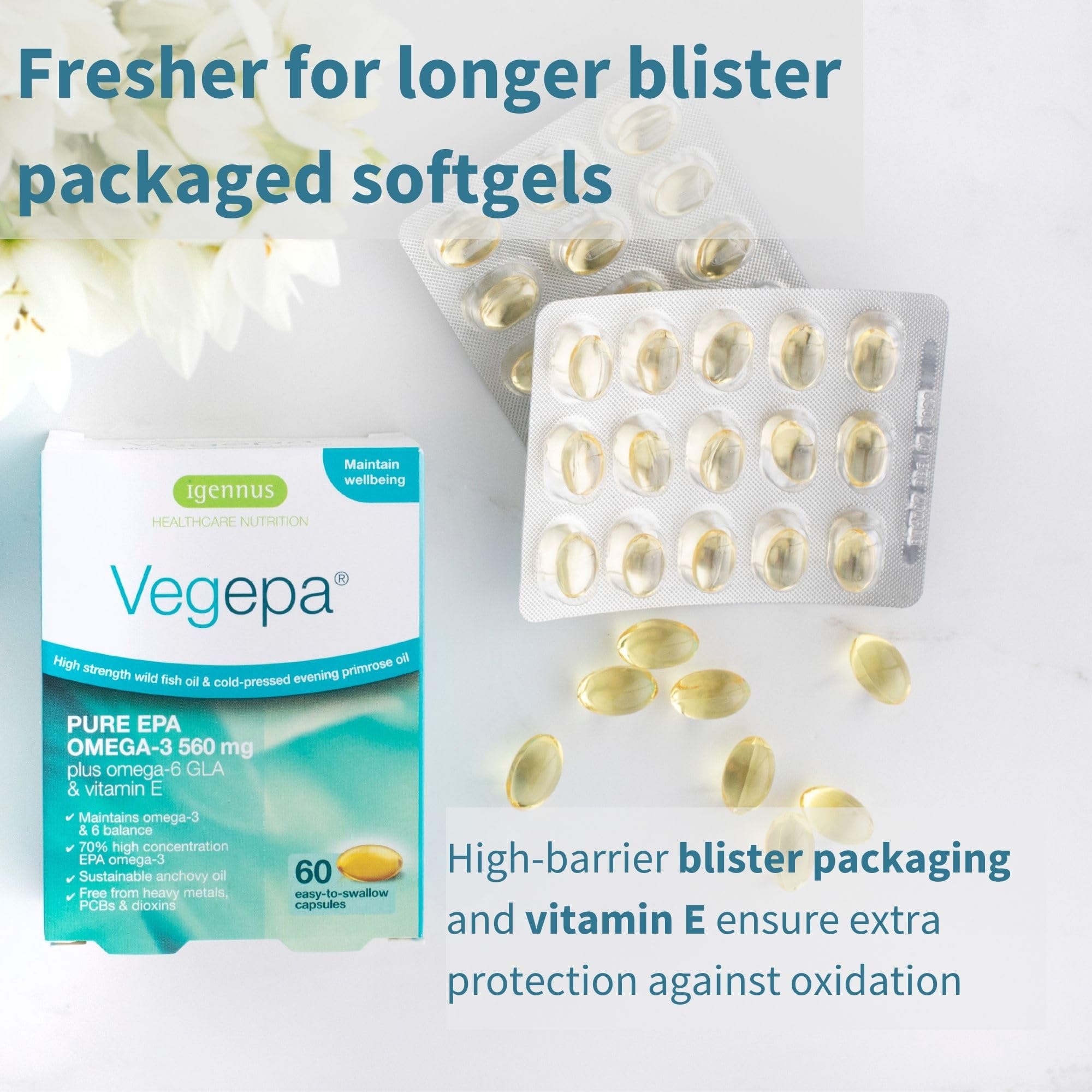 Igennus Vegepa Fish Oil Capsules with a glass of water