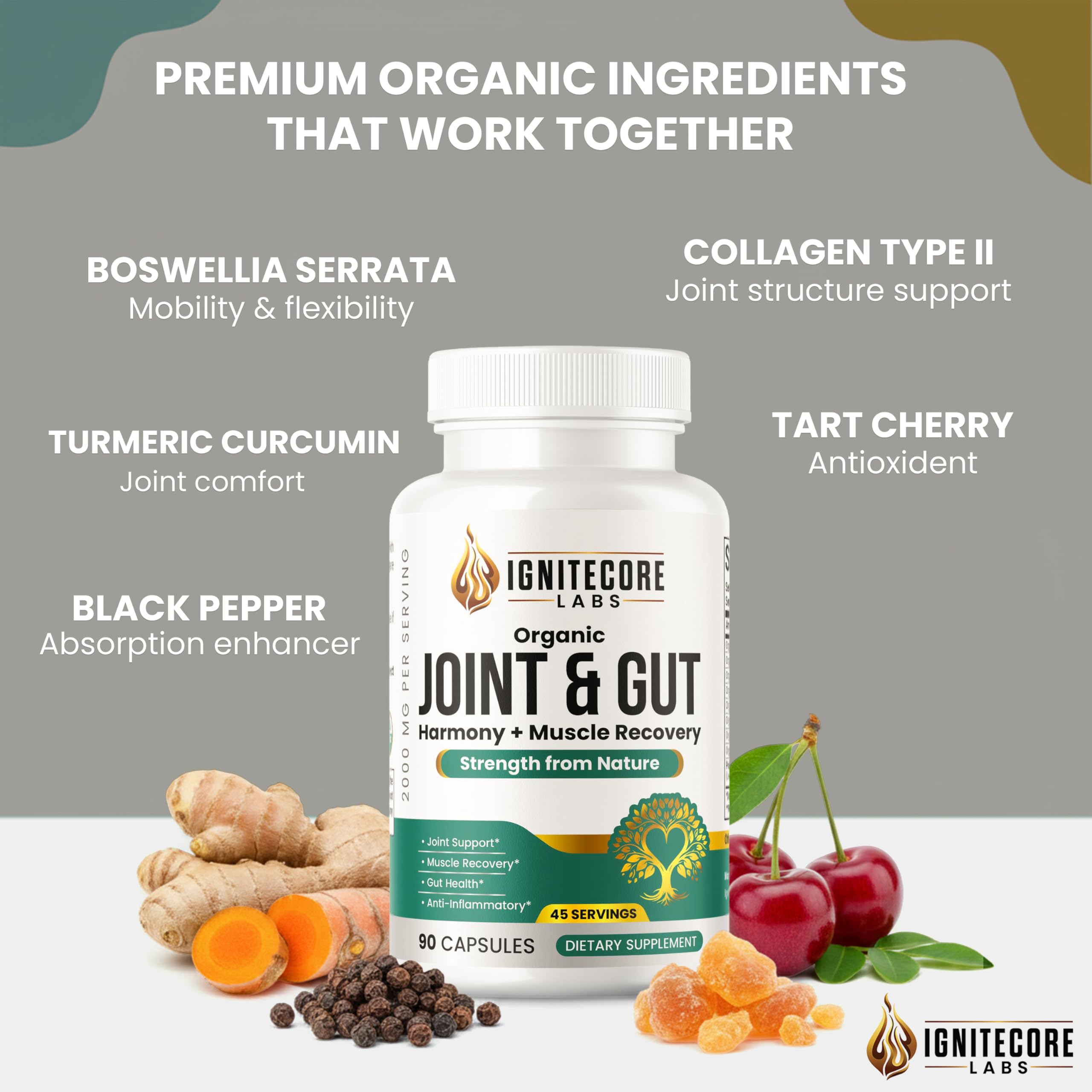 IgniteCore Labs Organic Joint Support Supplement bottle on a wooden table