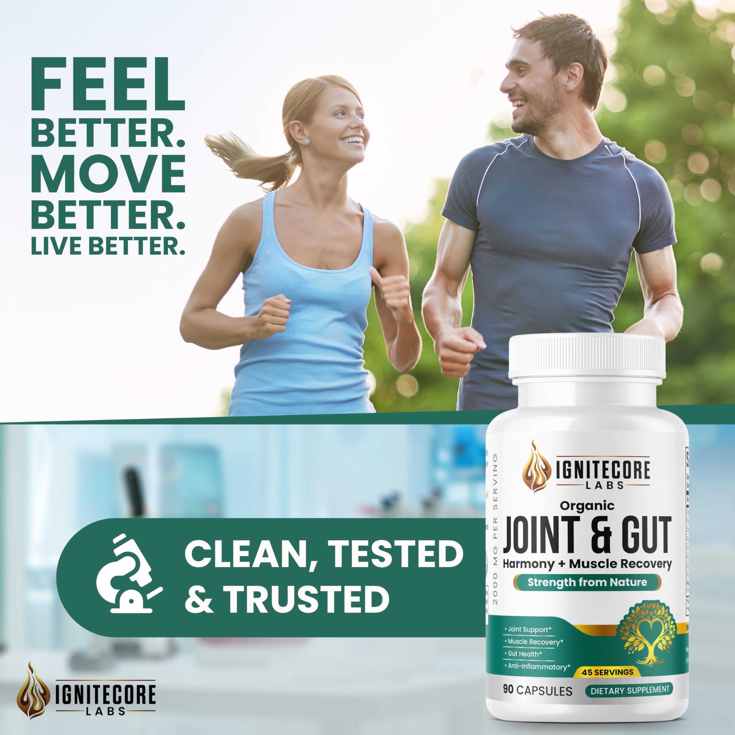 IgniteCore Labs Organic Joint Support Supplement bottle with fresh turmeric and ginger