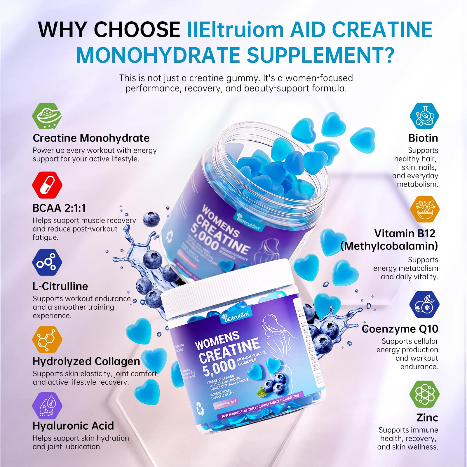 IIEltruiom Creatine Gummies displayed with fitness accessories