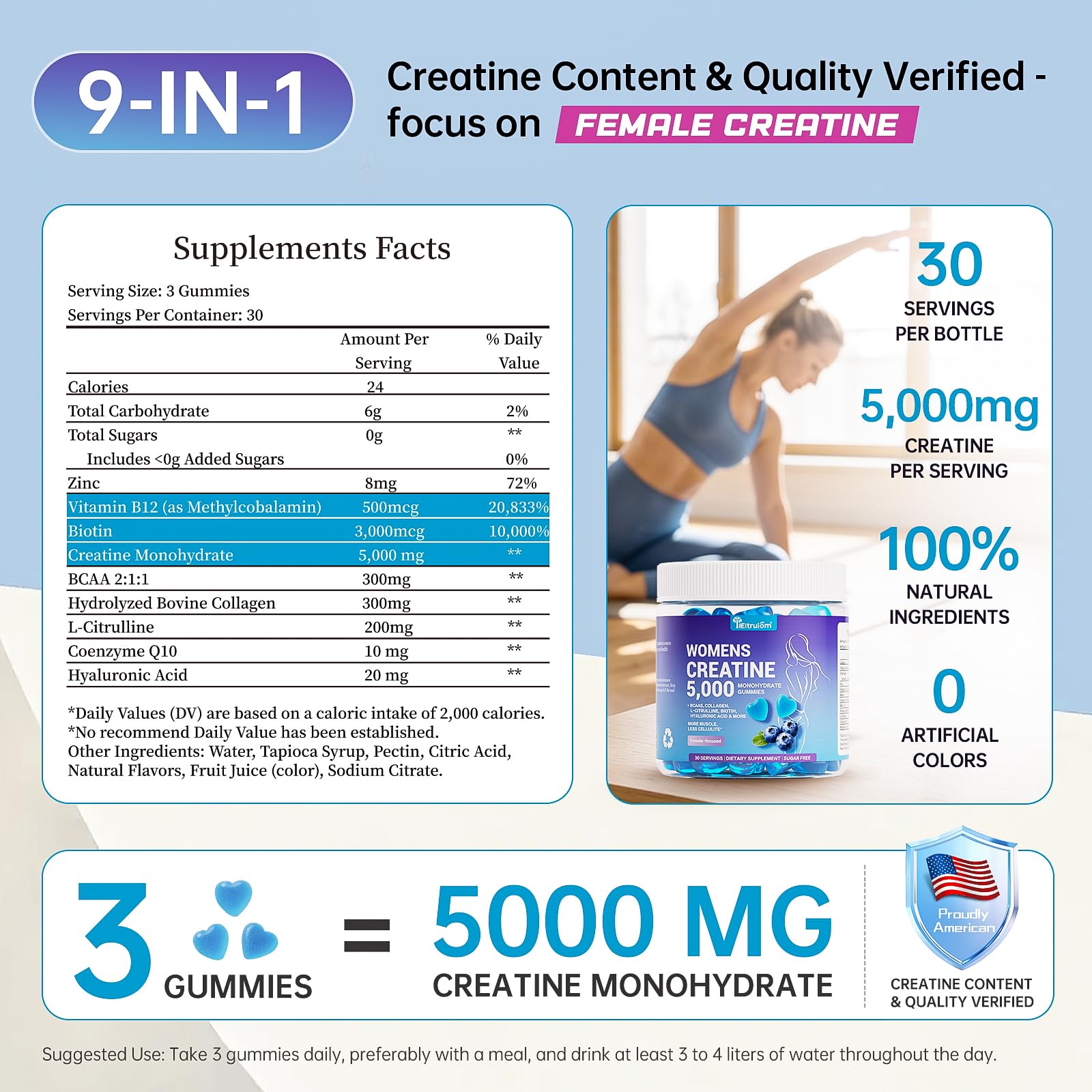 IIEltruiom Creatine Gummies side view with nutritional information