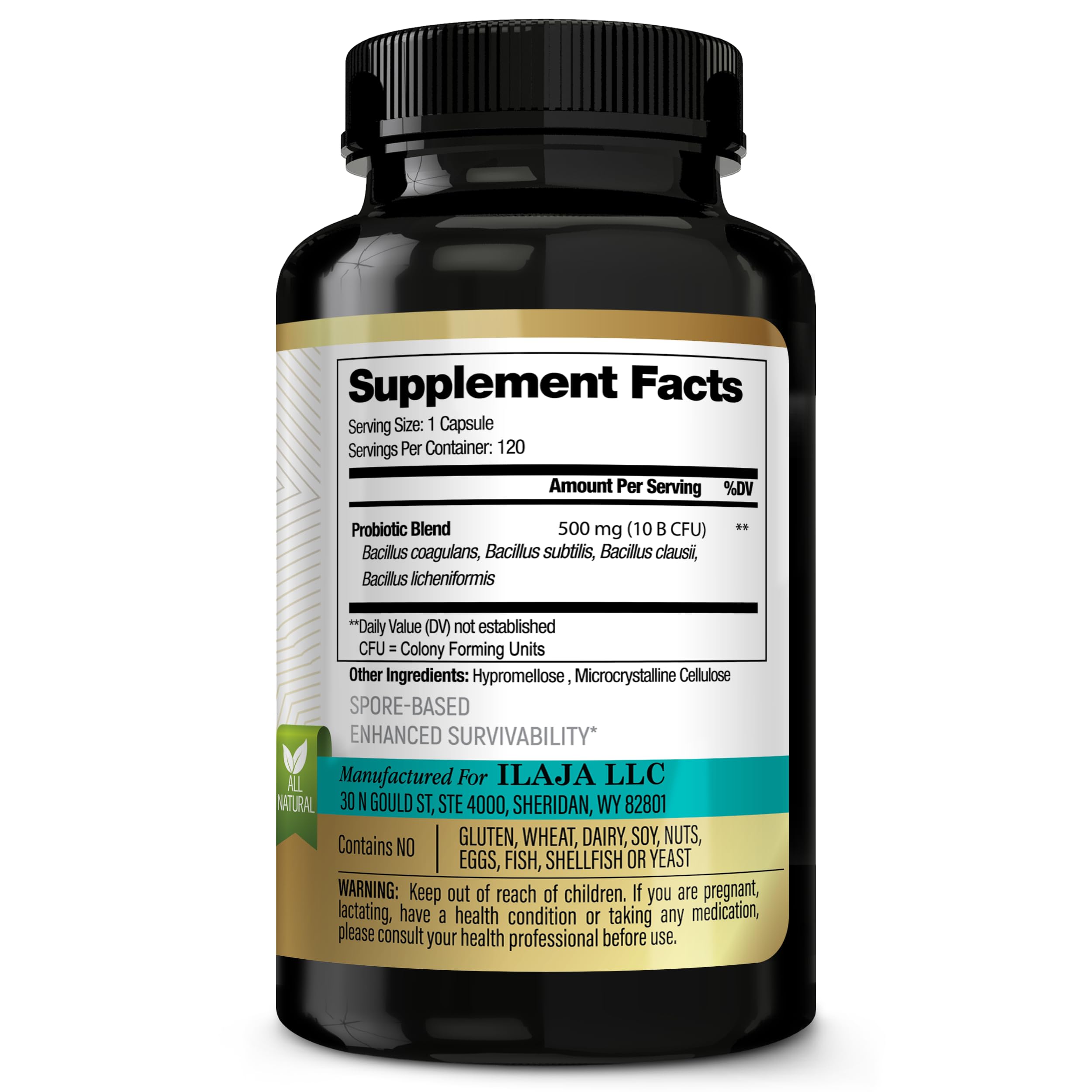 ILAJA Spore Based Probiotic Capsules back view with ingredient list
