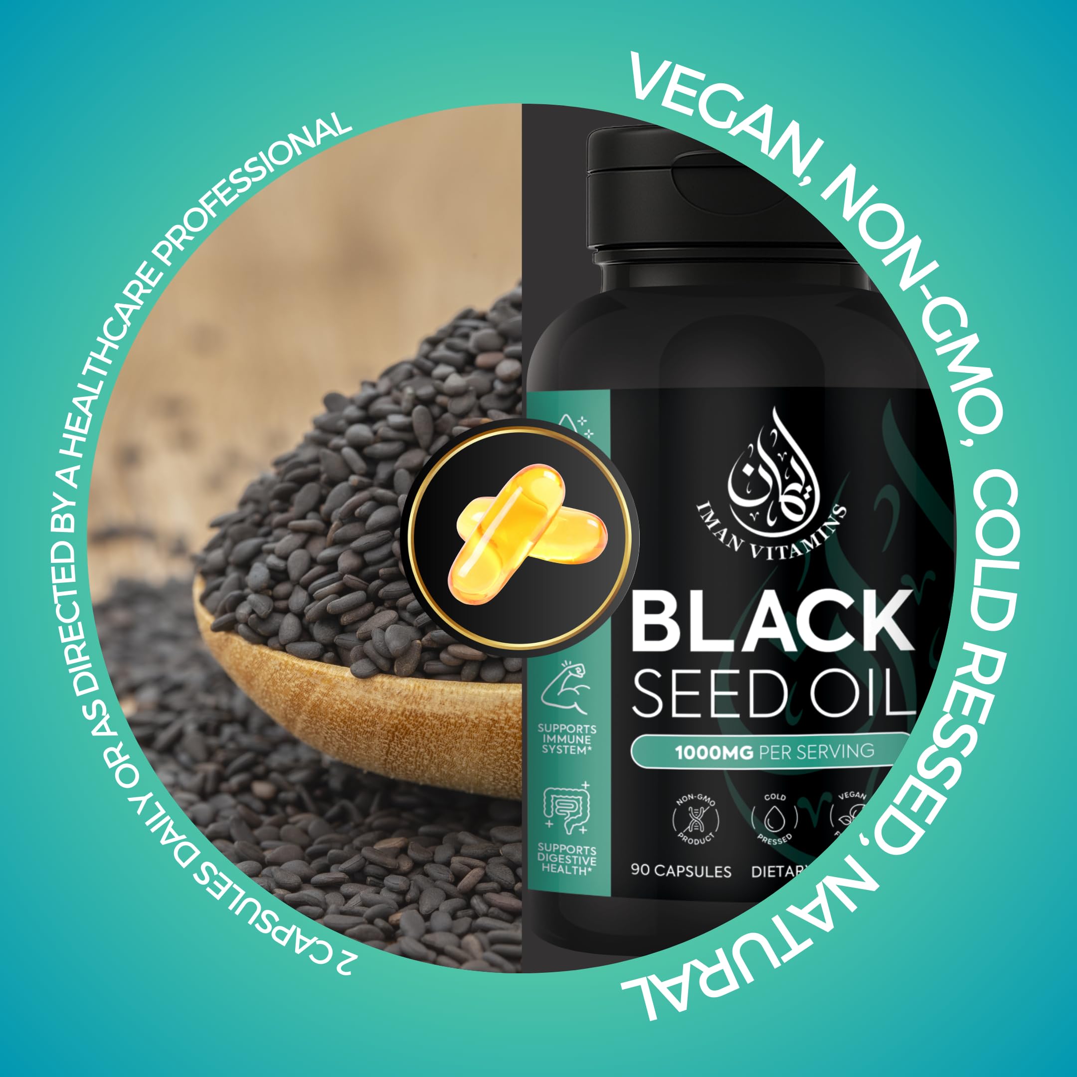 Iman Vitamins Black Seed Oil Capsules with a measuring spoon