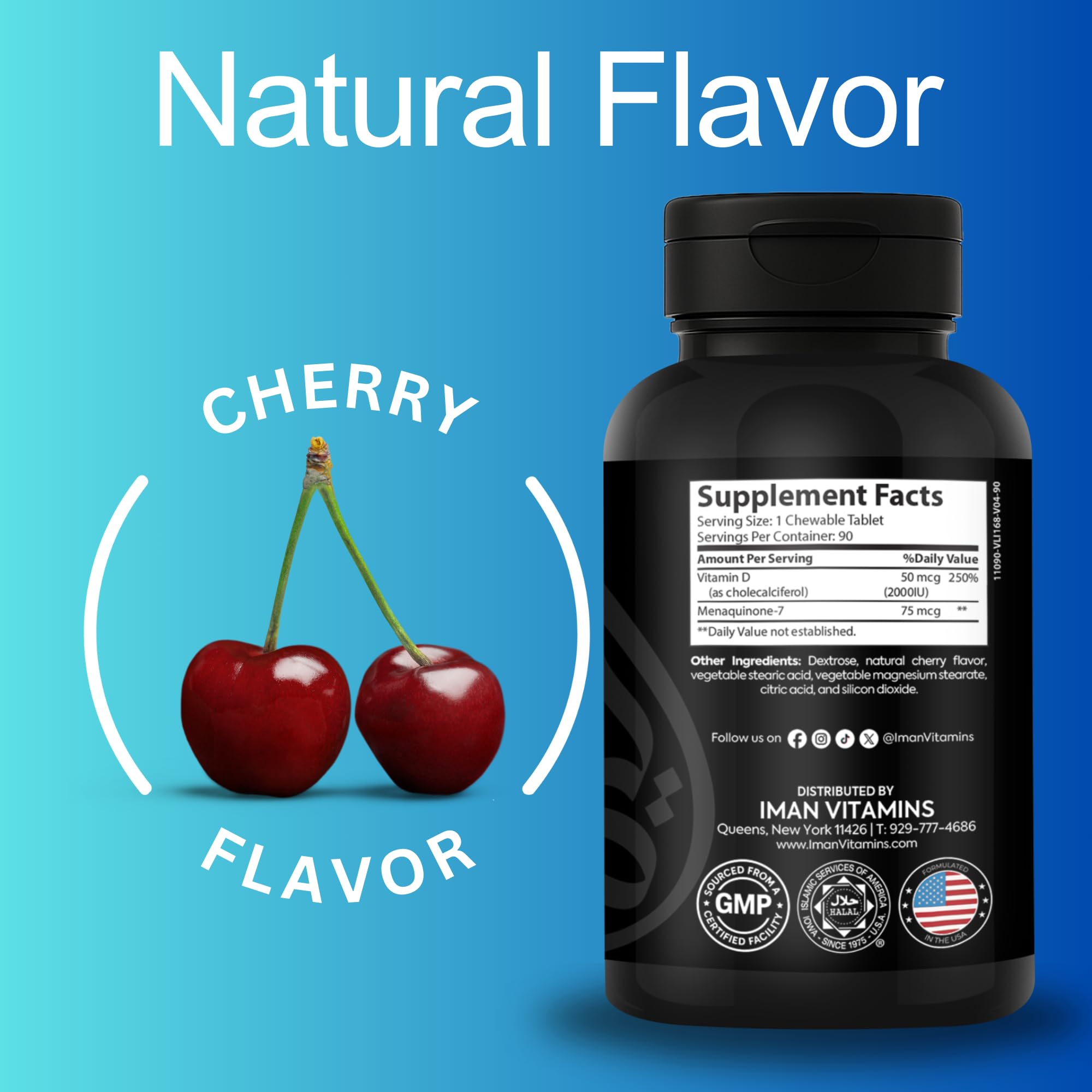 Iman Vitamins Chewable Vitamin D3 & K2 cherry flavour tablet in hand