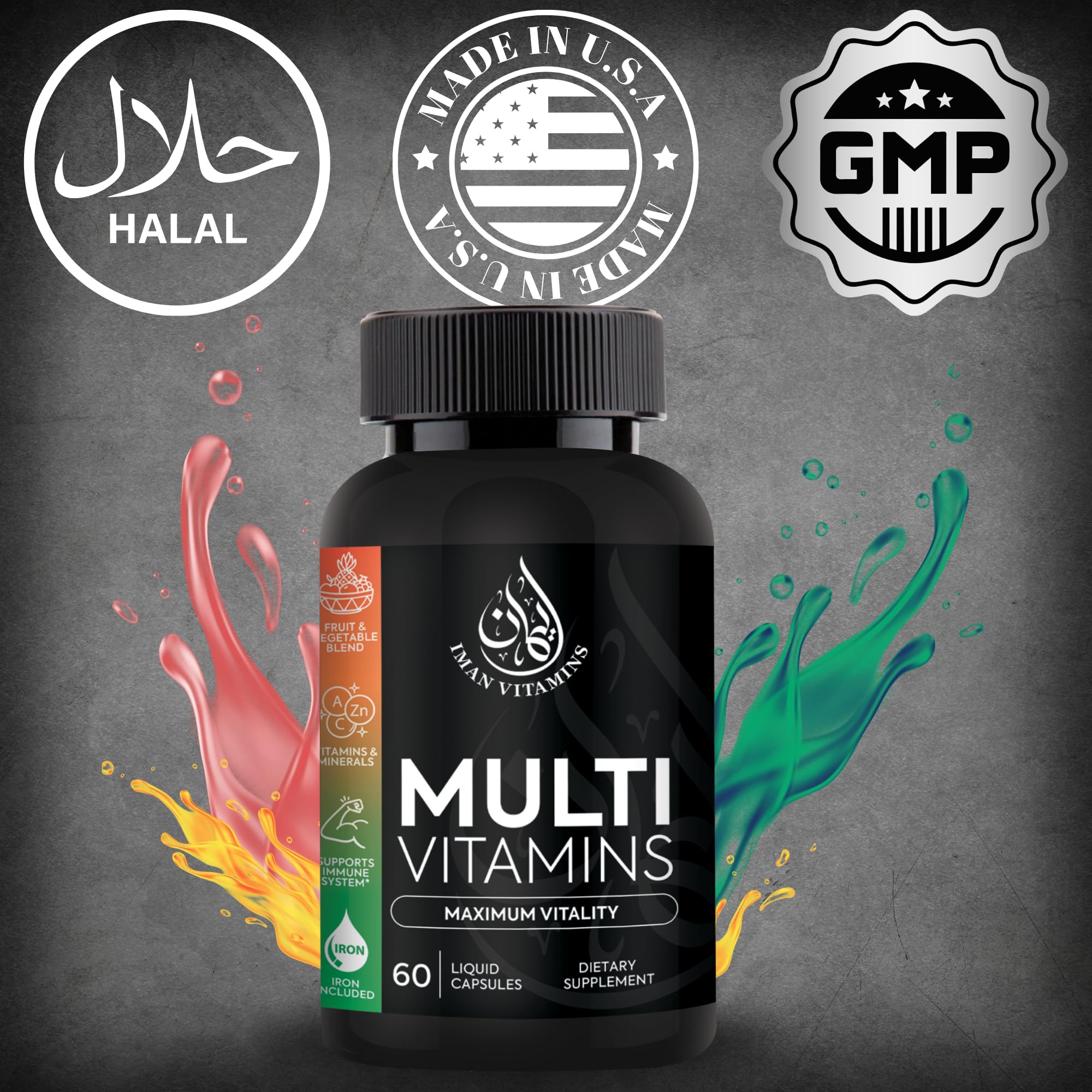 Iman Vitamins Halal Complete Multivitamin Capsules on a wooden table