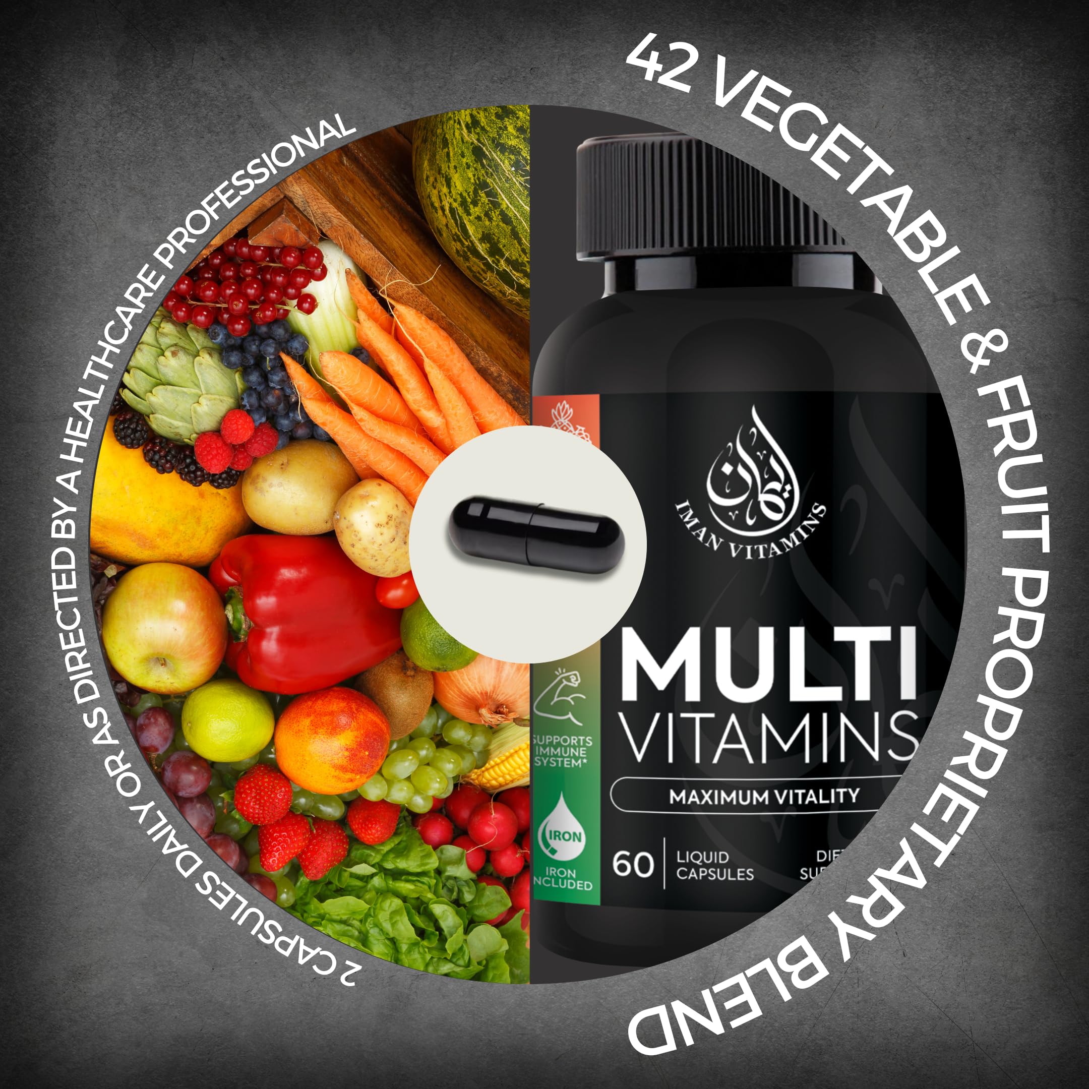 Iman Vitamins Halal Complete Multivitamin Capsules with packaging