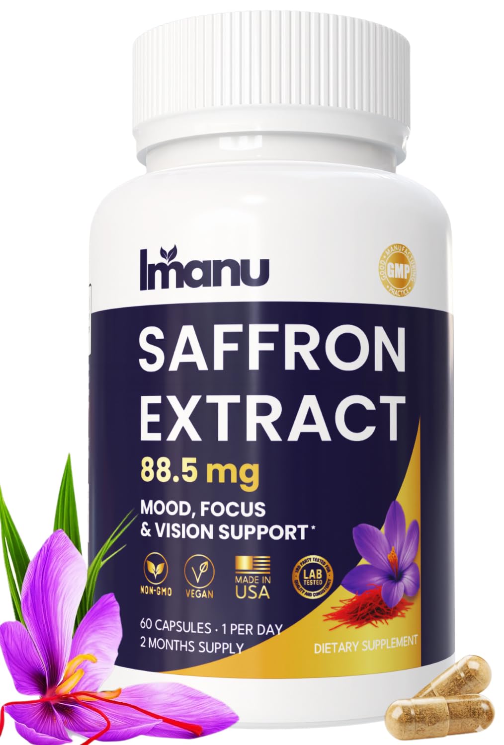 Imanu Saffron Extract Capsules front view with label