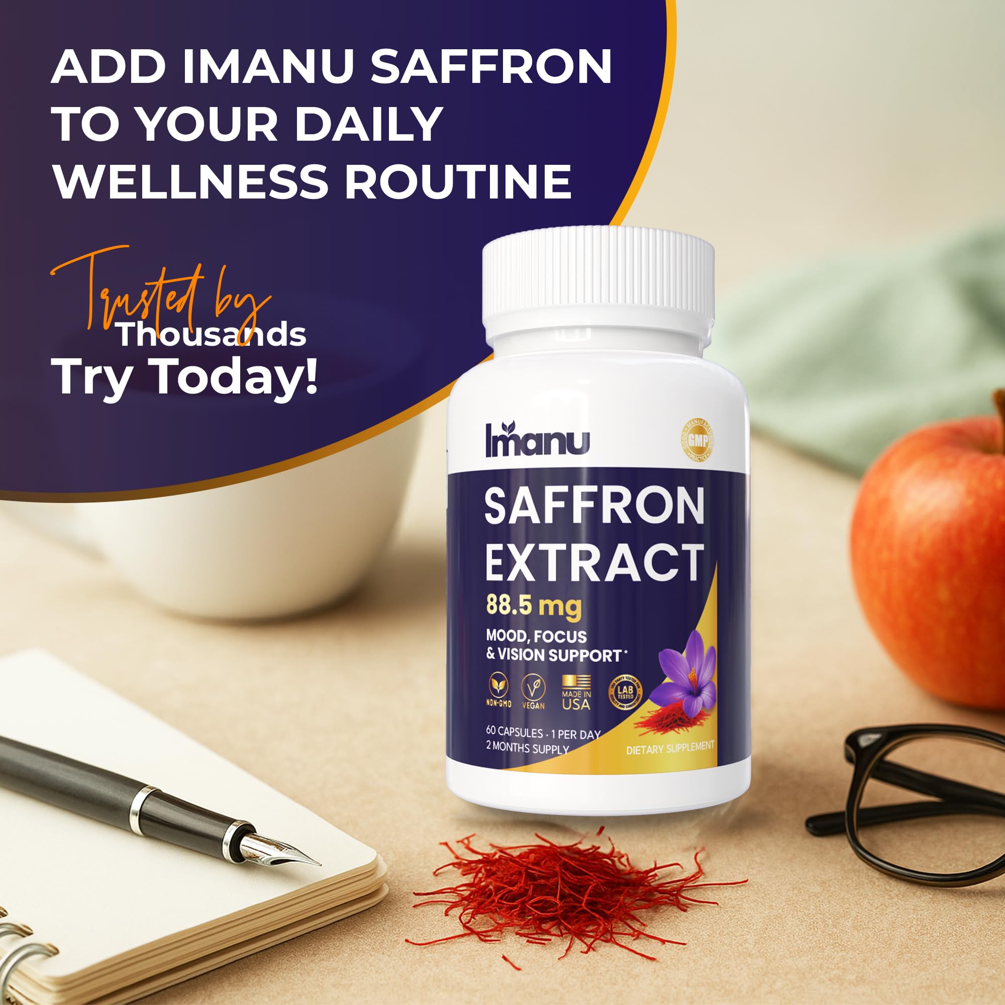 Imanu Saffron Extract Capsules with a measuring spoon
