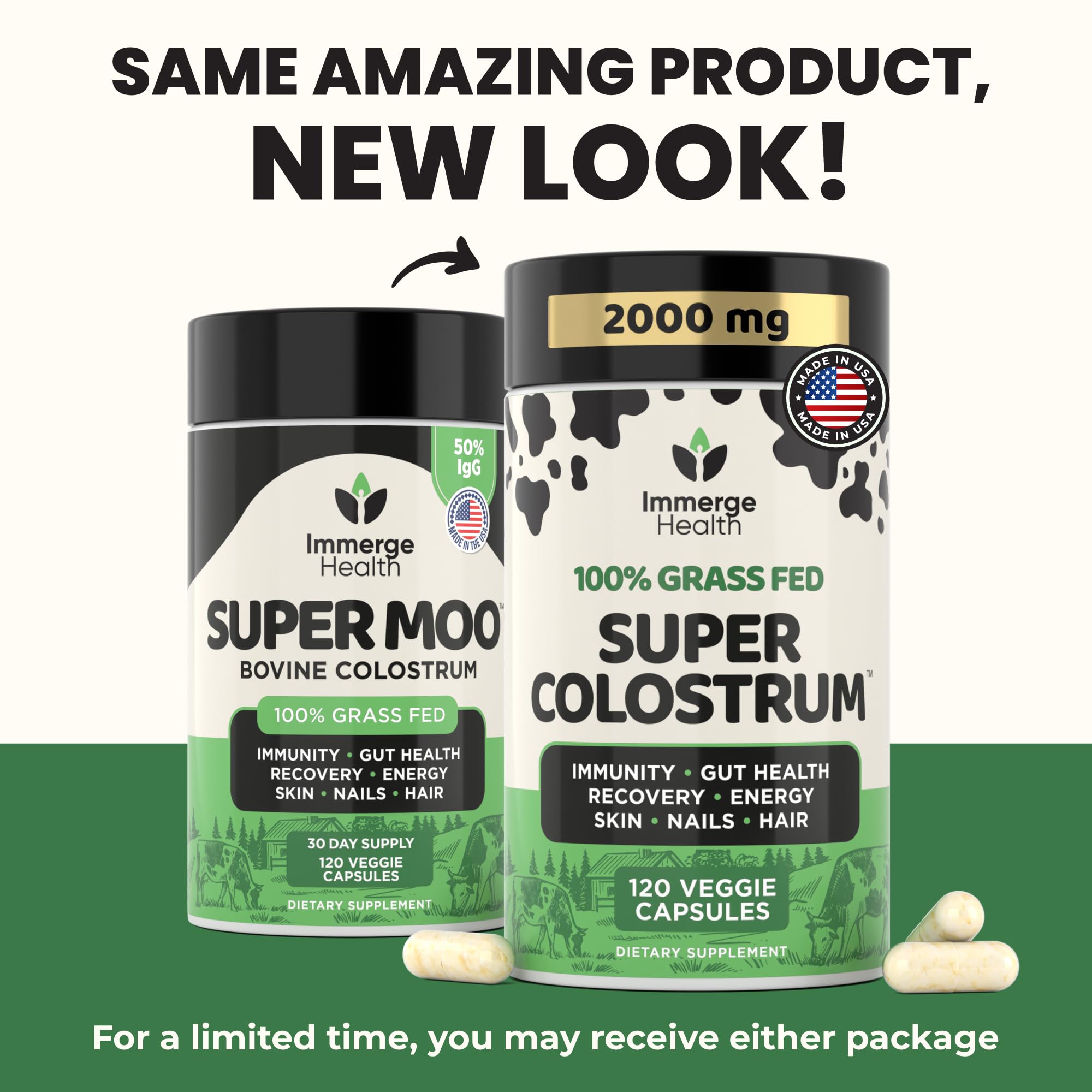 ImmergeHealth Bovine Colostrum Capsules with a measuring spoon