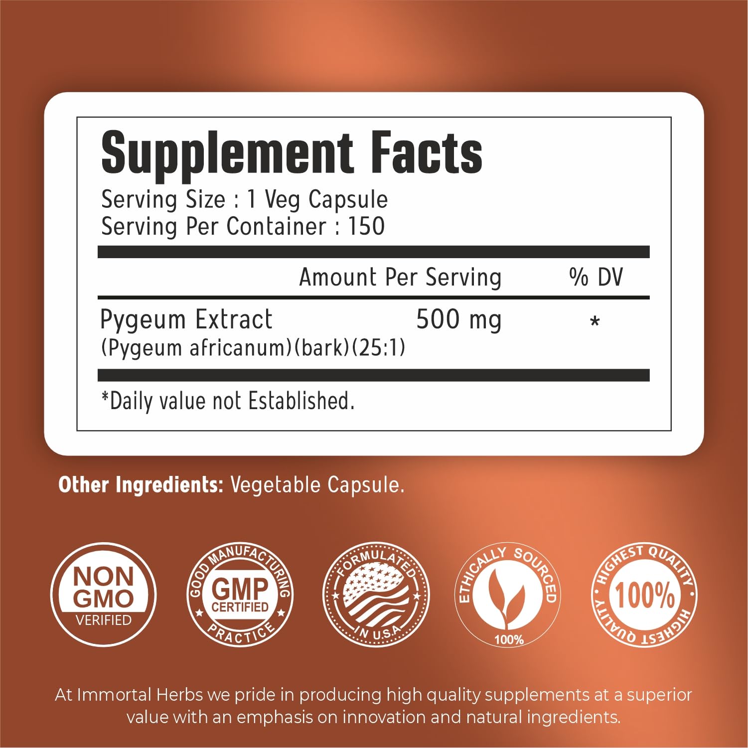 Immortal Herbs Africanum Pygeum Extract Capsules 500mg bottle side view
