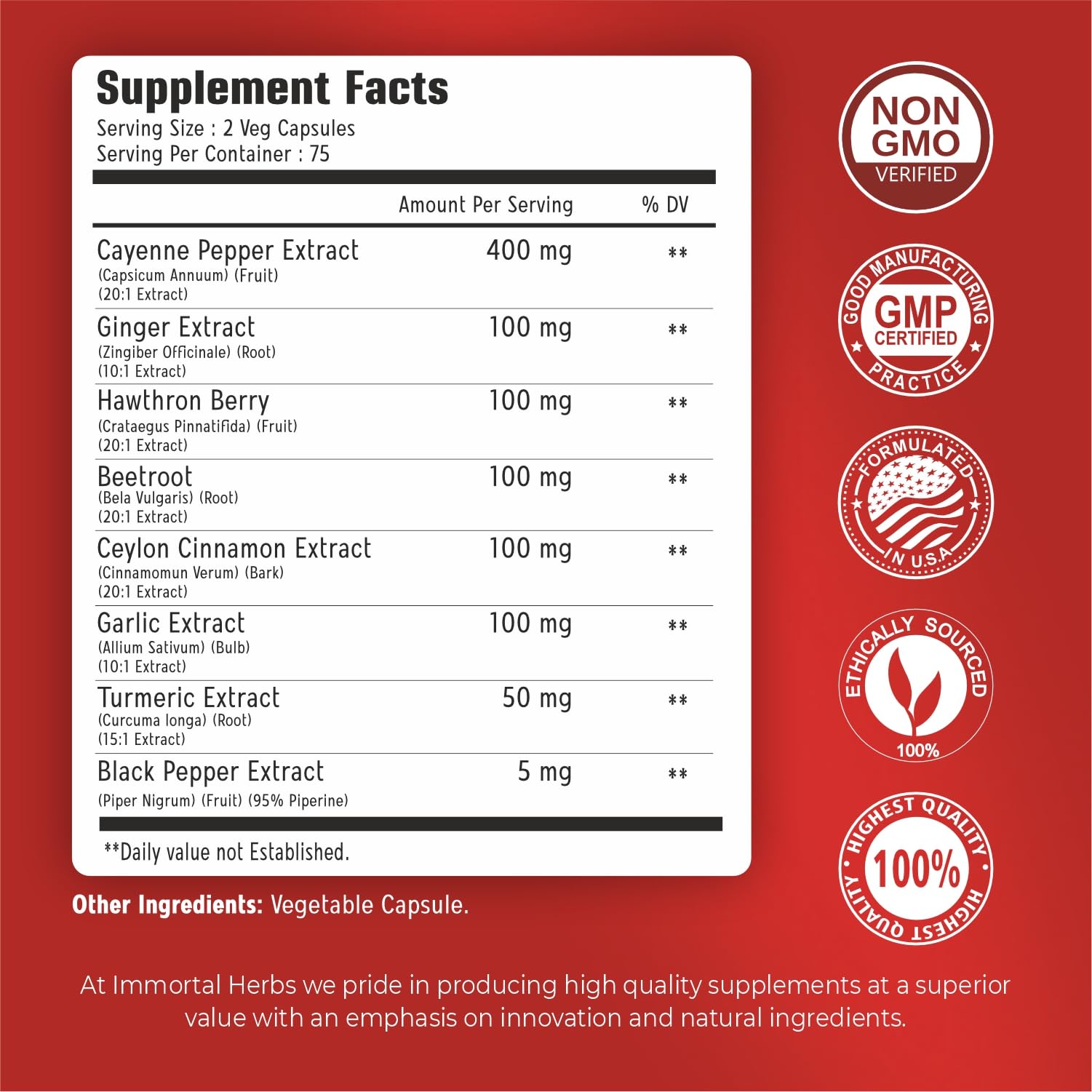 Immortal Herbs Cayenne Pepper Capsules side view showing label