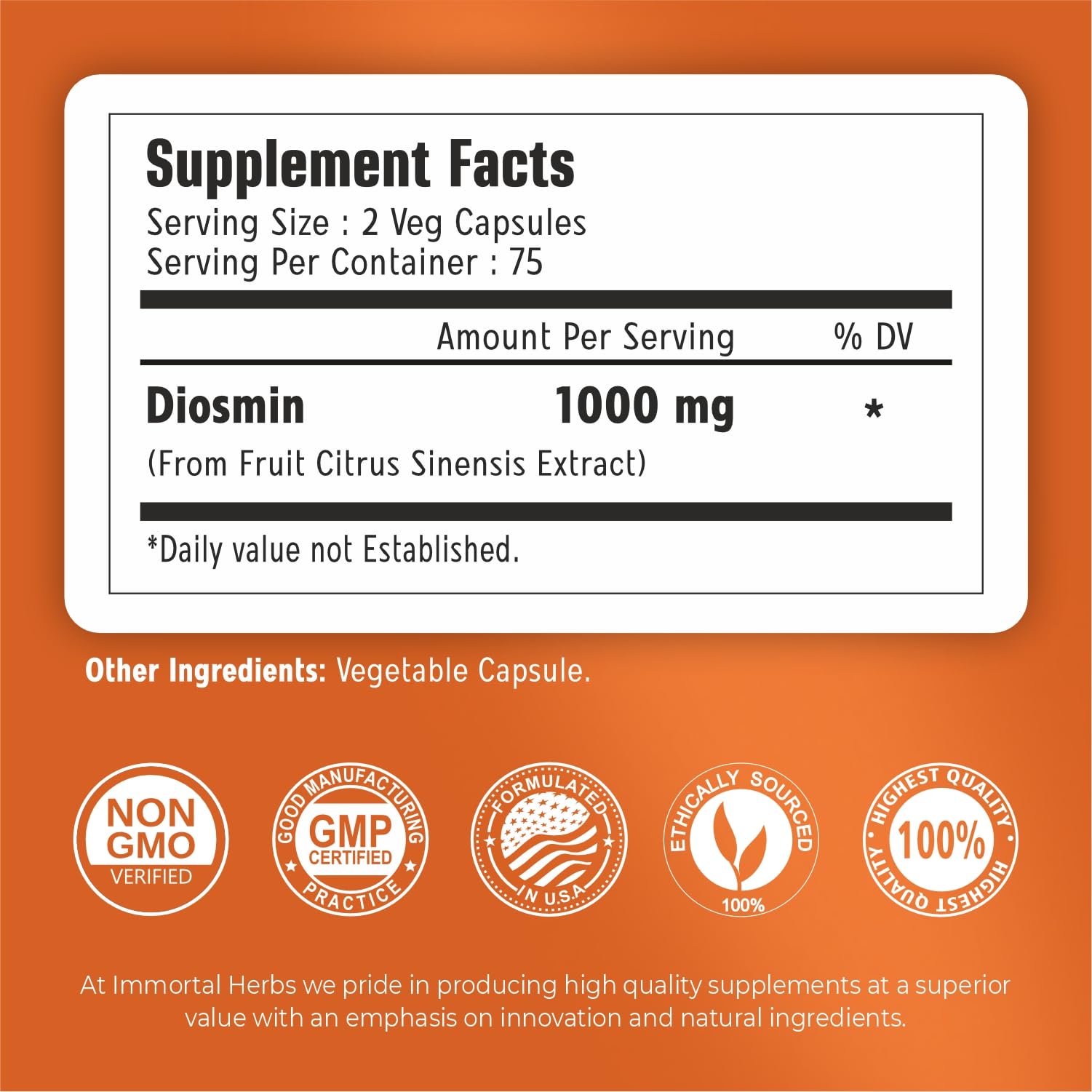 Immortal Herbs Diosmin 1000mg Capsules side view showing label