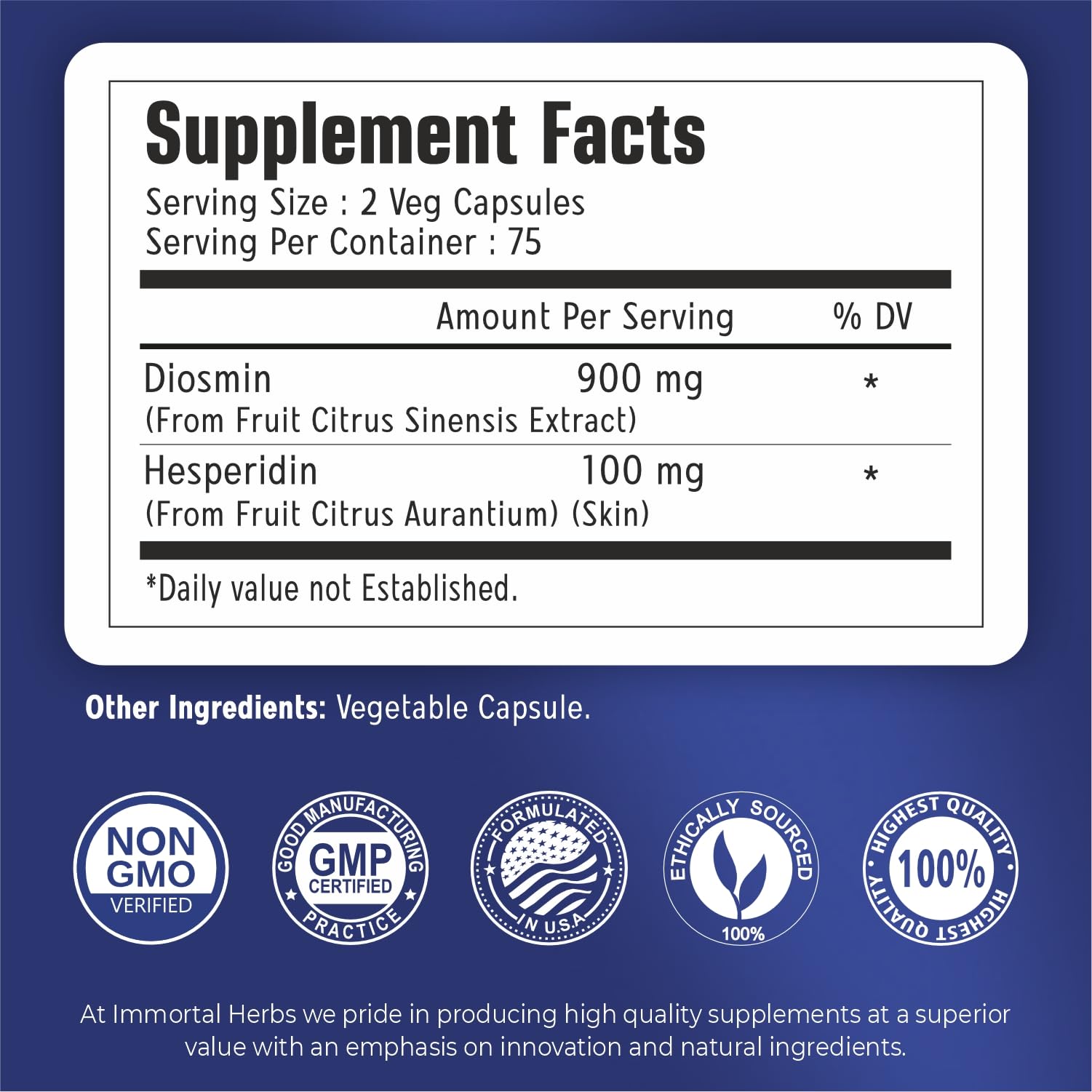 Immortal Herbs Diosmin Hesperidin Complex 1000mg Capsules side view