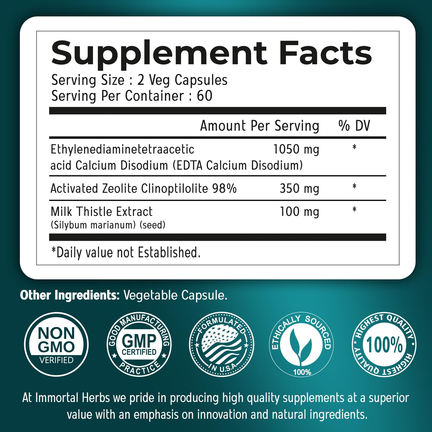 Immortal Herbs EDTA Capsules 1500mg side view showing capsule count