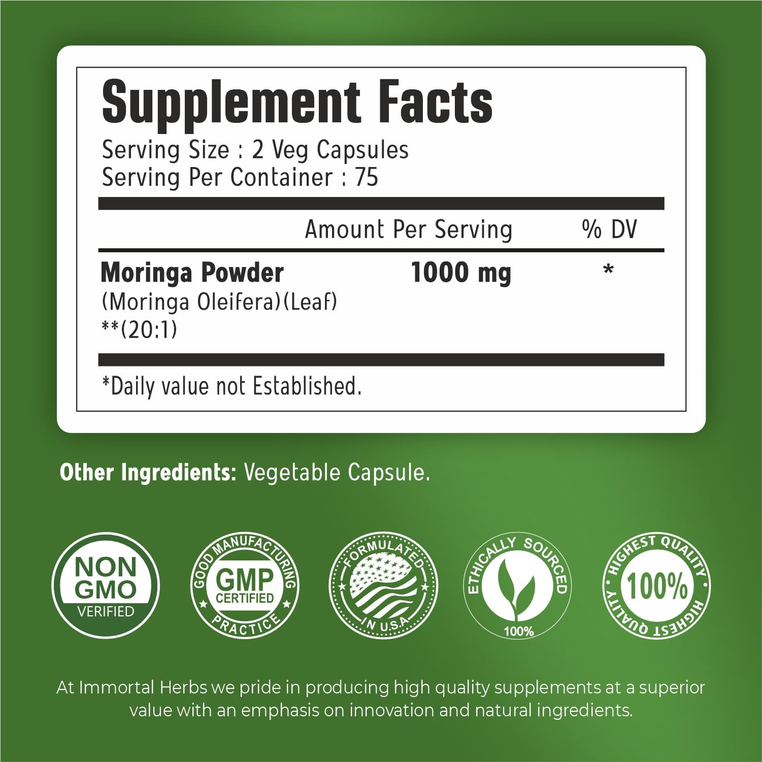 Immortal Herbs Moringa Capsules bottle side view