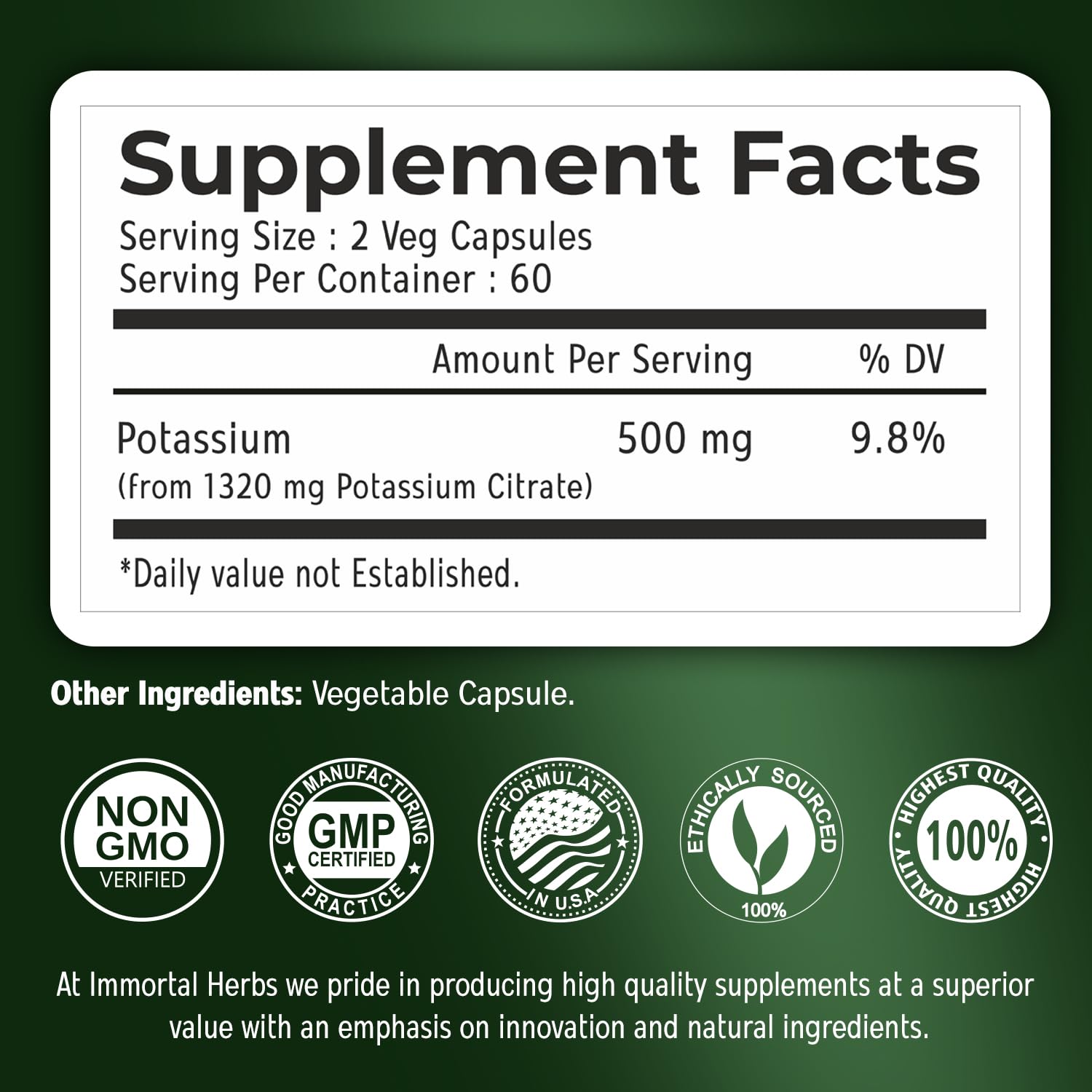 Immortal Herbs Potassium Citrate Capsules 1320mg side view