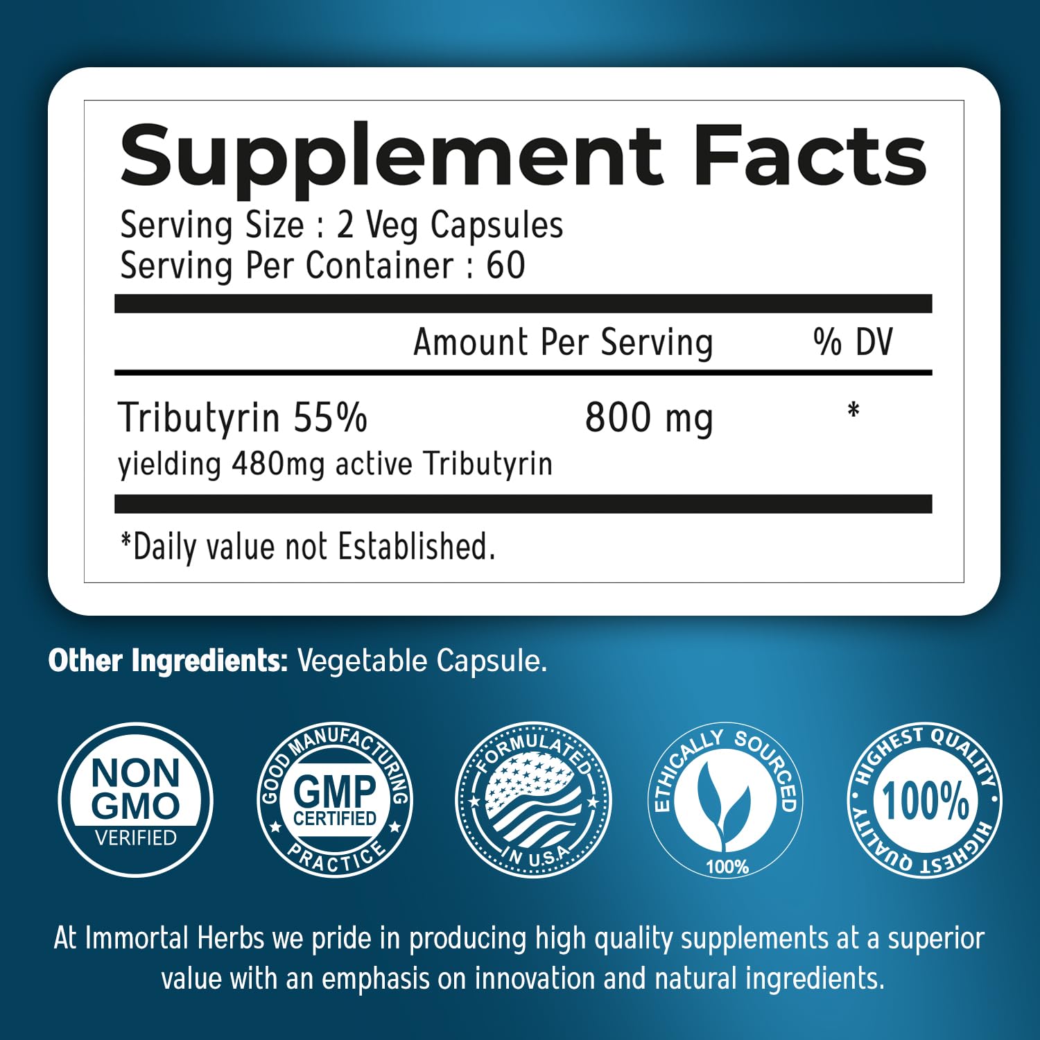Immortal Herbs Tributyrin Supplement 800mg back view