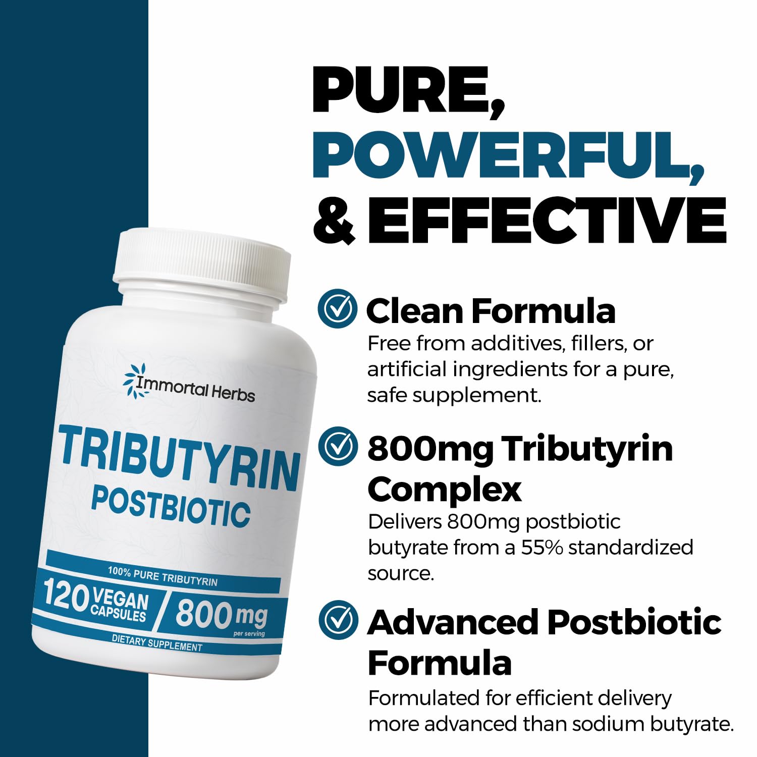 Immortal Herbs Tributyrin Supplement 800mg bottle side view