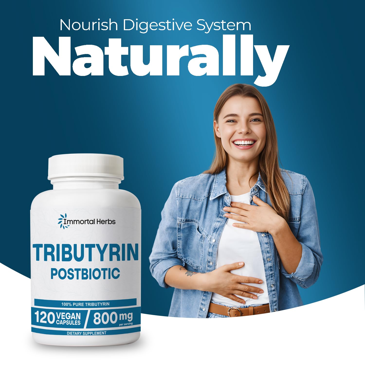 Immortal Herbs Tributyrin Supplement 800mg with measuring spoon