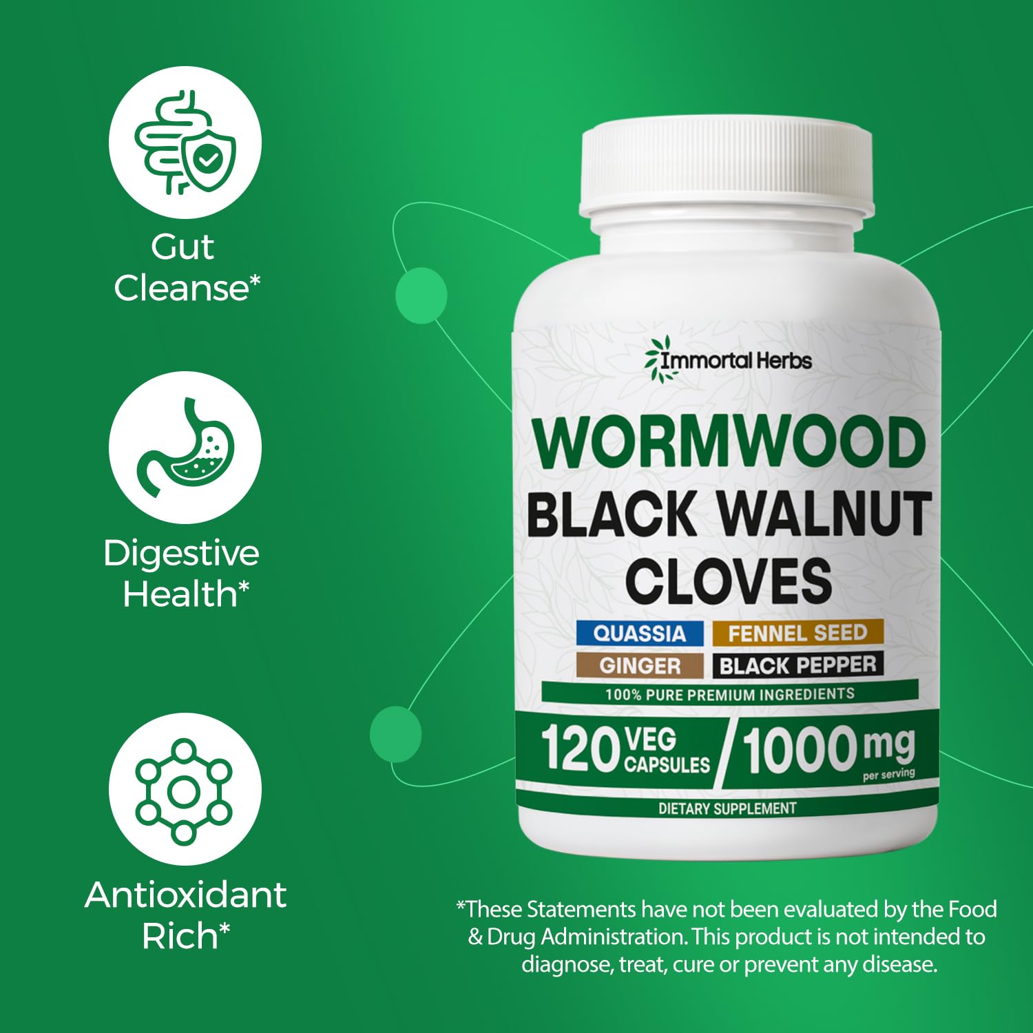 Immortal Herbs Wormwood Black Walnut Clove Cleanse capsules on a wooden surface