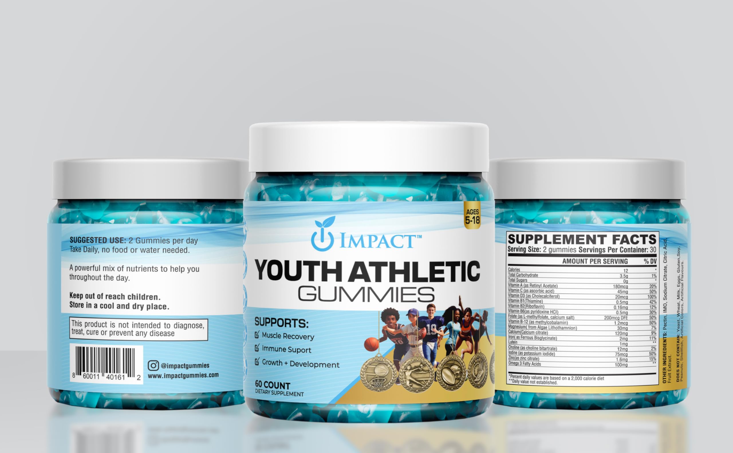 IMPACT Kids & Teens Multivitamin Gummies with fruit background