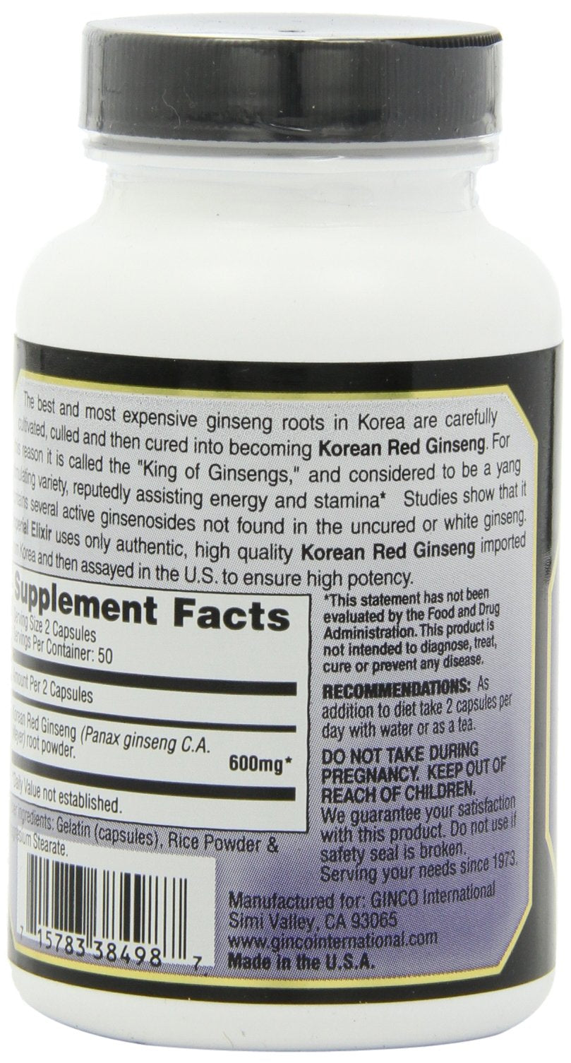 Imperial Elixir Korean Red Ginseng supplement back view with nutritional information