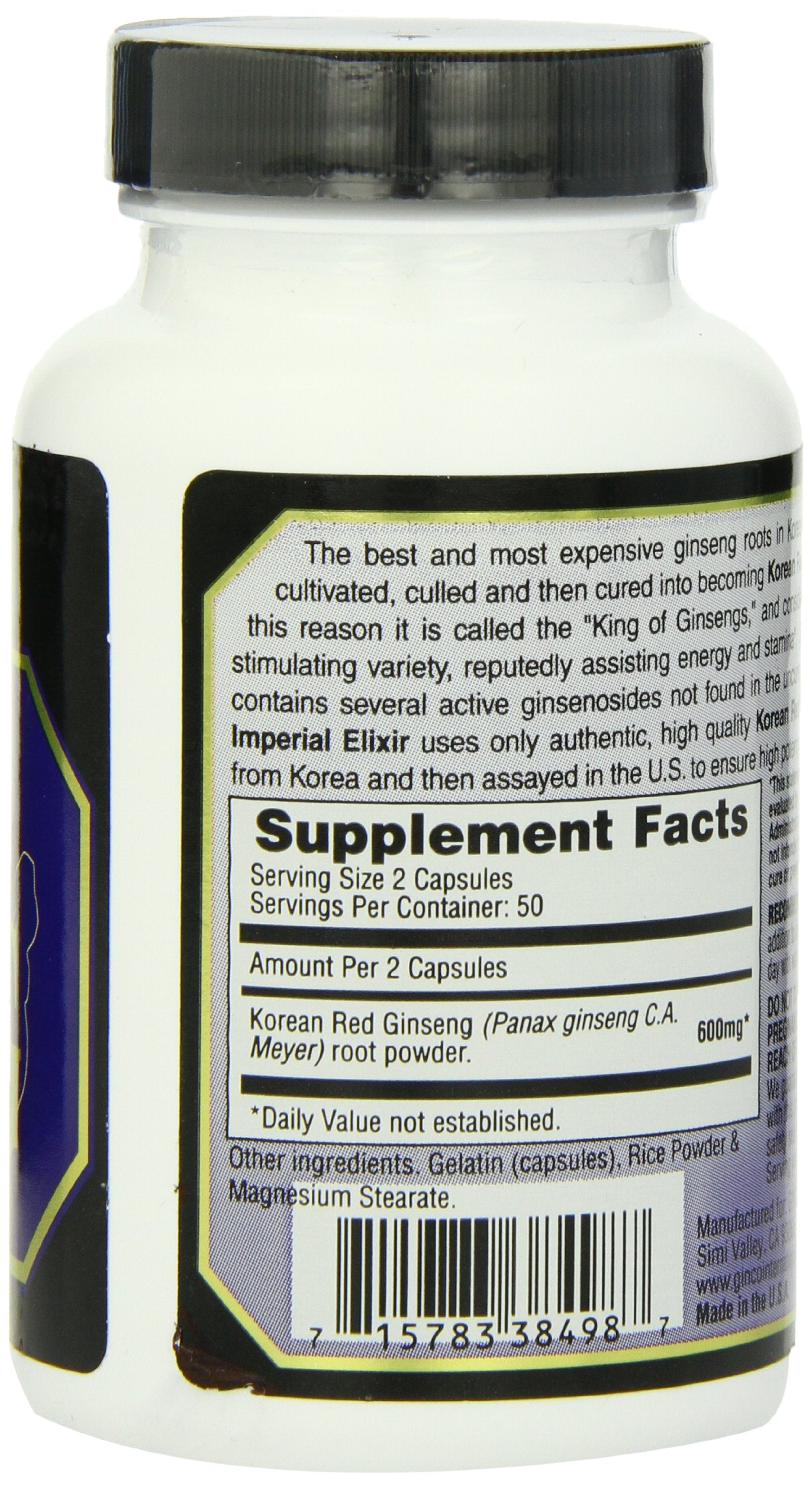 Imperial Elixir Korean Red Ginseng supplement side view with ingredients