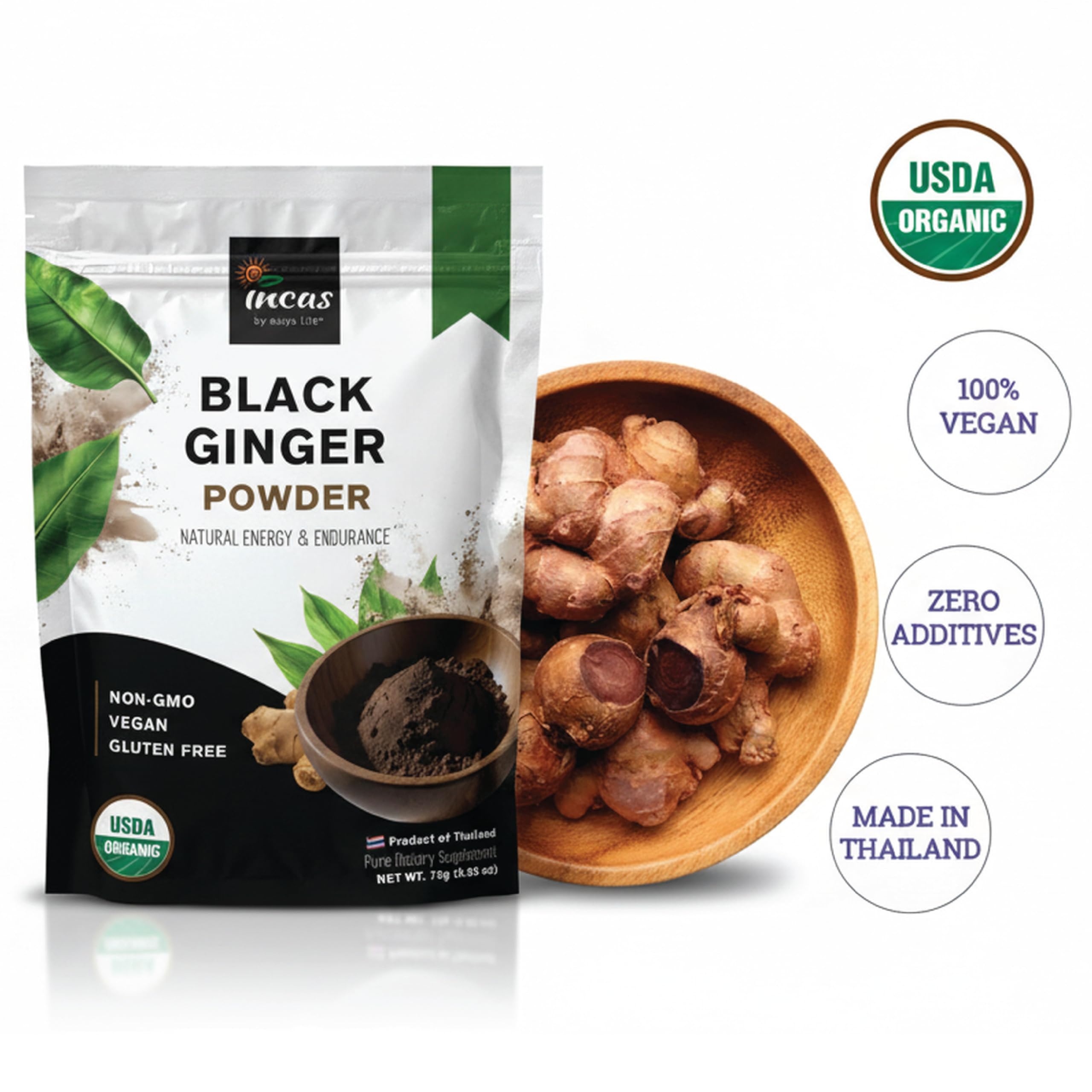 Incas Black Ginger Powder in a bowl with a spoon