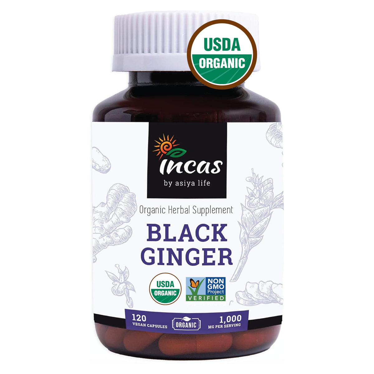 Incas by Asiya Life Black Ginger Capsules 500mg front view