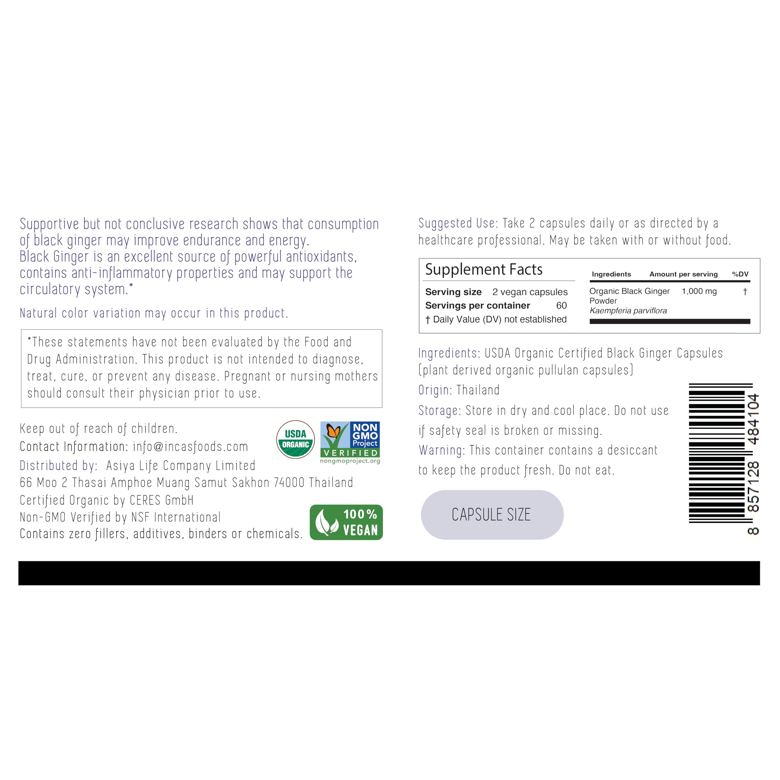 Incas by Asiya Life Black Ginger Capsules 500mg side view