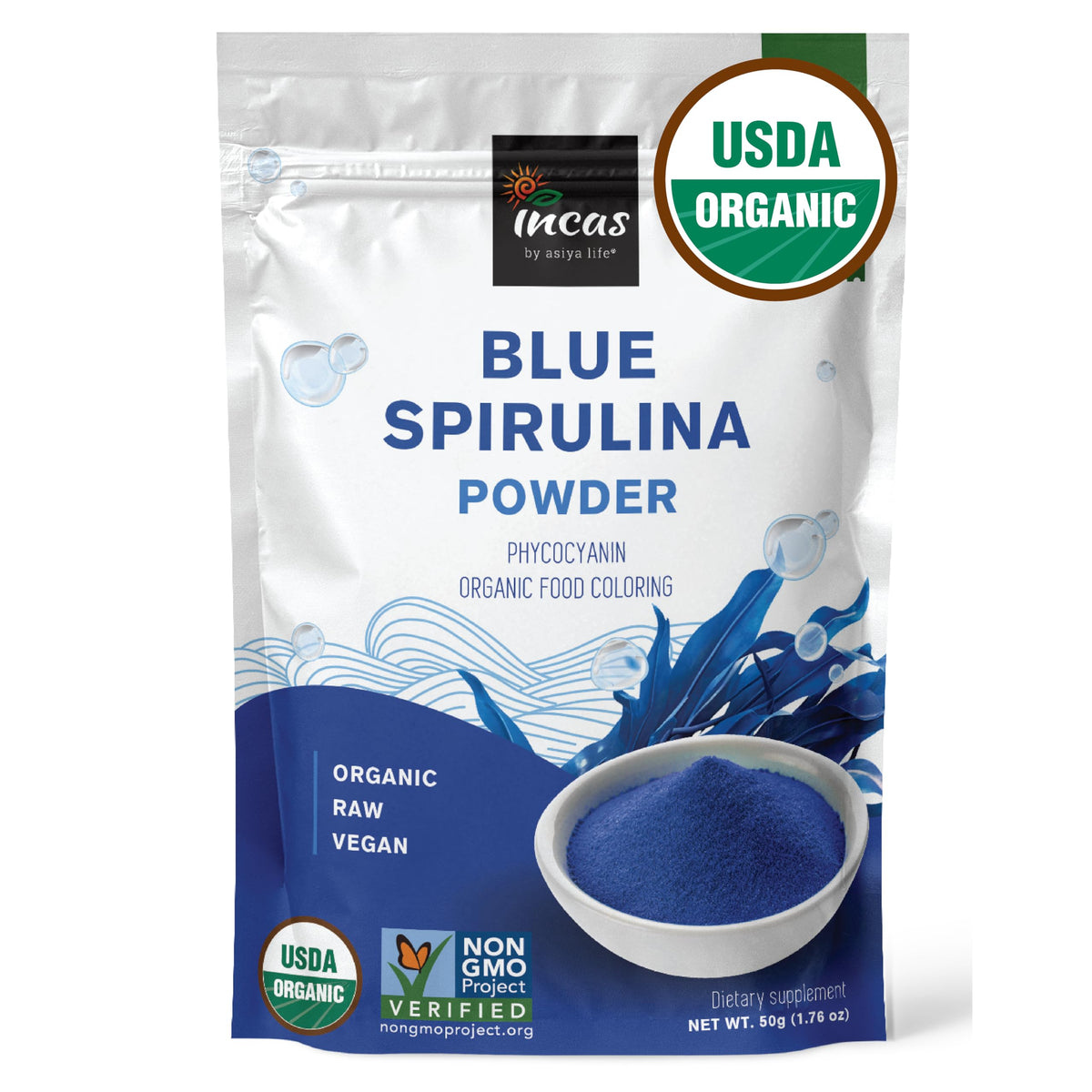 Incas by Asiya Life Organic Blue Spirulina Powder 50g front view