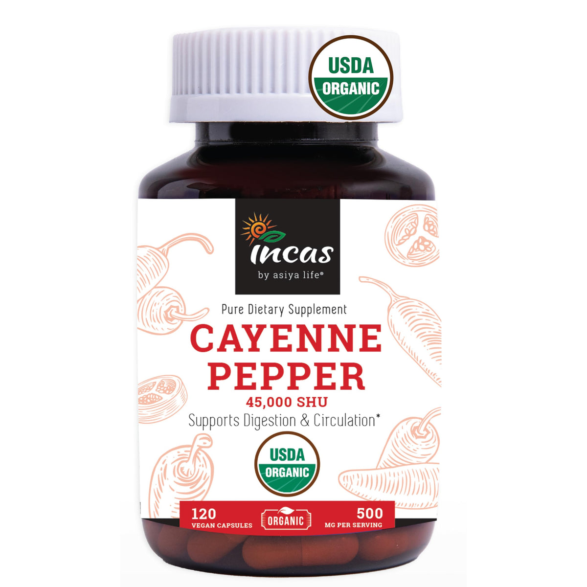 Incas by Asiya Life Organic Red Cayenne Pepper Capsules front view