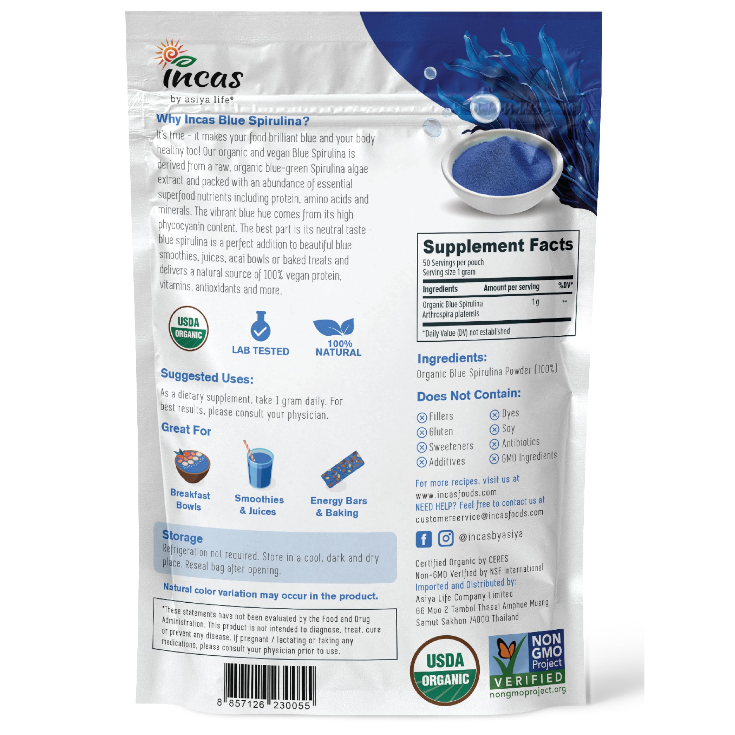 Incas Organic Blue Spirulina Powder packaging side view