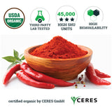 Incas Organic Cayenne Pepper Capsules with a measuring spoon