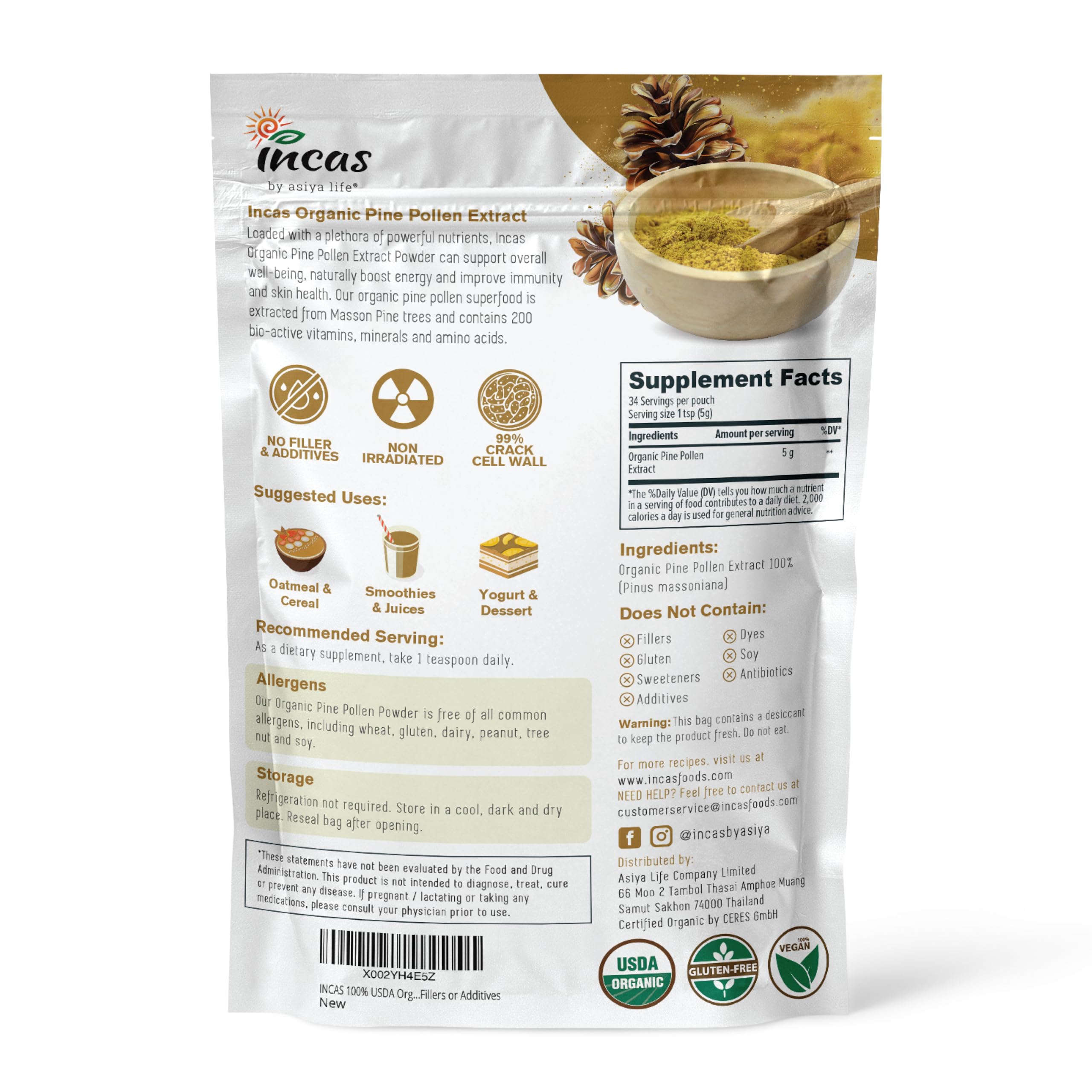 Incas Organic Pine Pollen Powder packaging side view