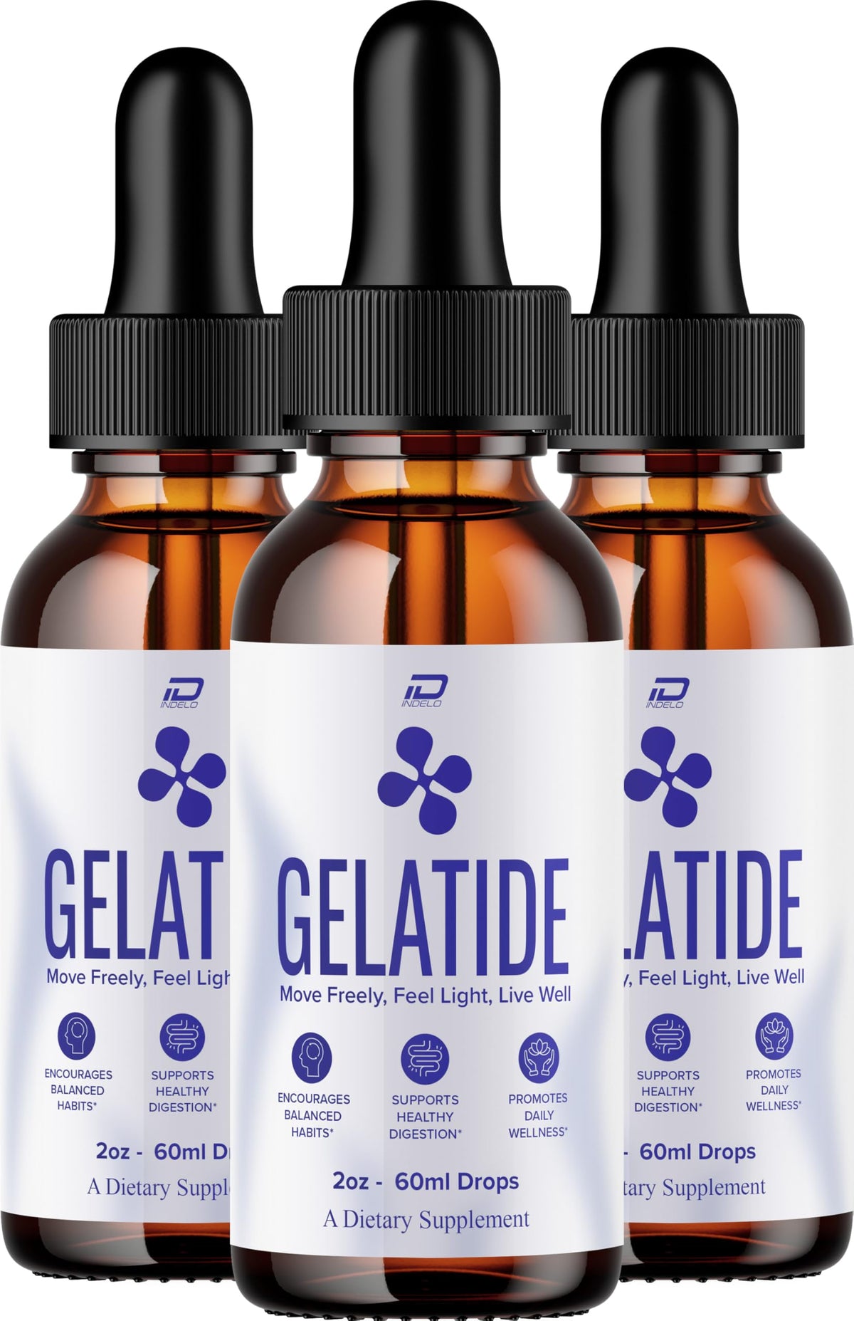 Indelo Gelatide Drops front view with three bottles